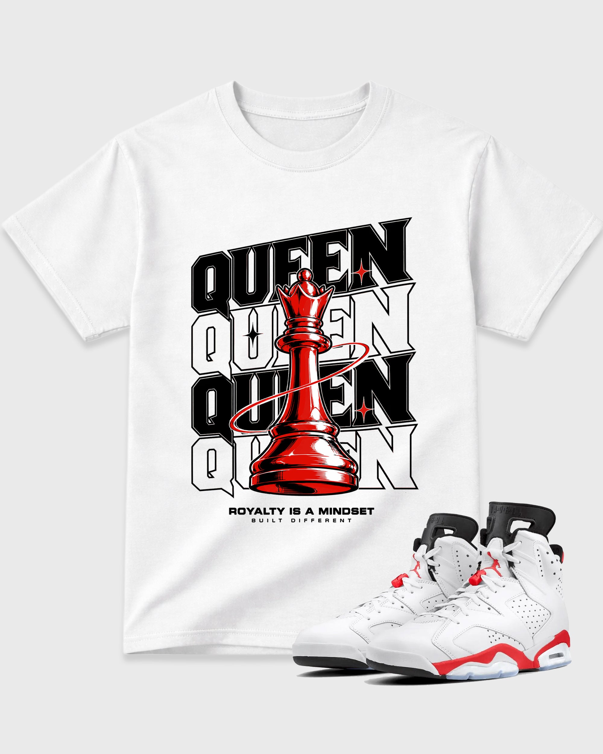 Royal Mindset Queen Graphic T-Shirt featuring original streetwear artwork designed to match the Air Jordan 6 White Infrared. White 1 Graphic T-Shirt.
