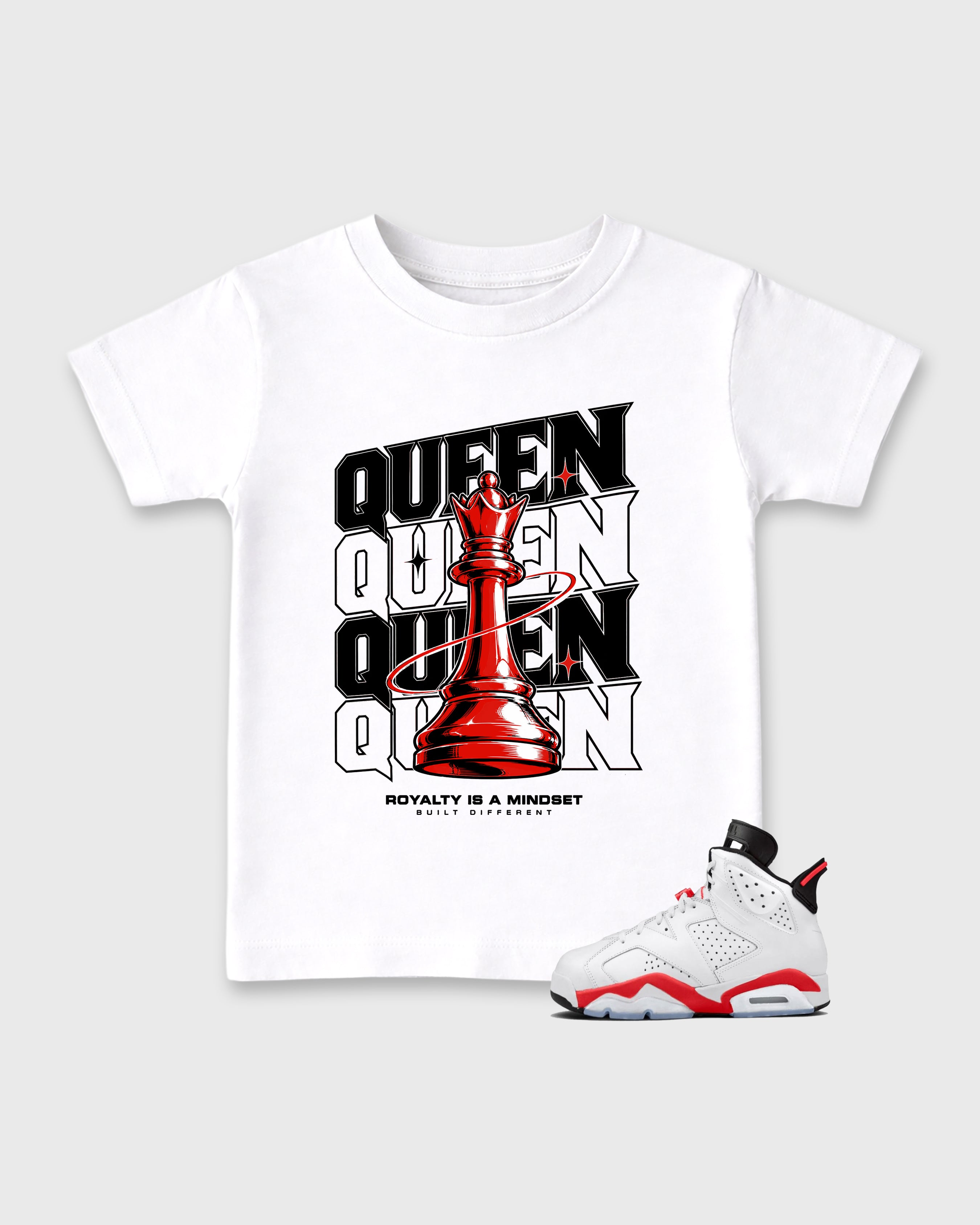 Royal Mindset Queen Baby & Kids Graphic T-Shirt featuring original artwork designed to match the Air Jordan 6 White Infrared. White 1 Kids Graphic Tee.