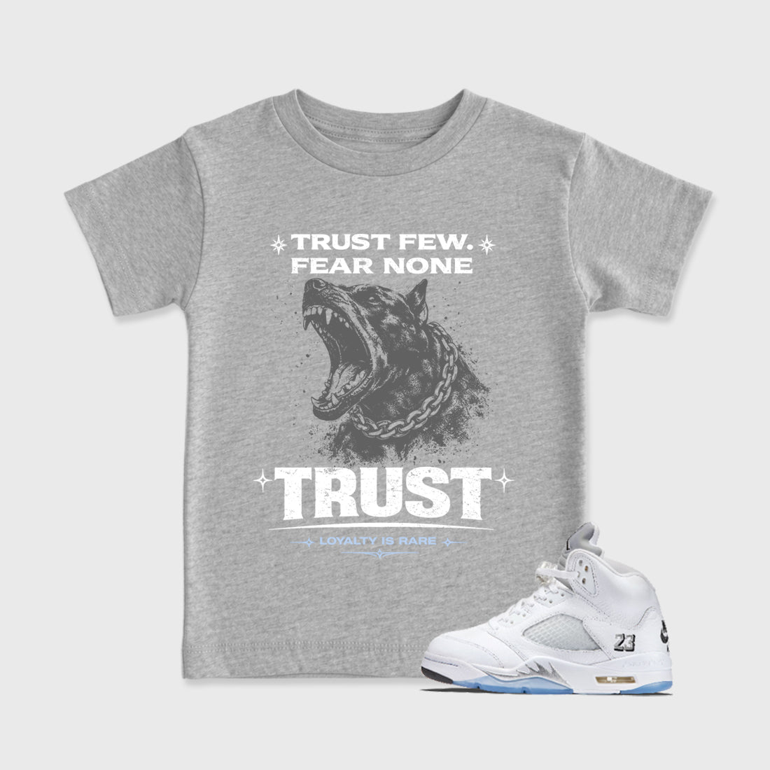 Sneaker match tees – Sneaker Tees To Match Air Jordan 5 White Metallic Shoes – Royalty is Rare Kids T-Shirt Heather Grey 1
