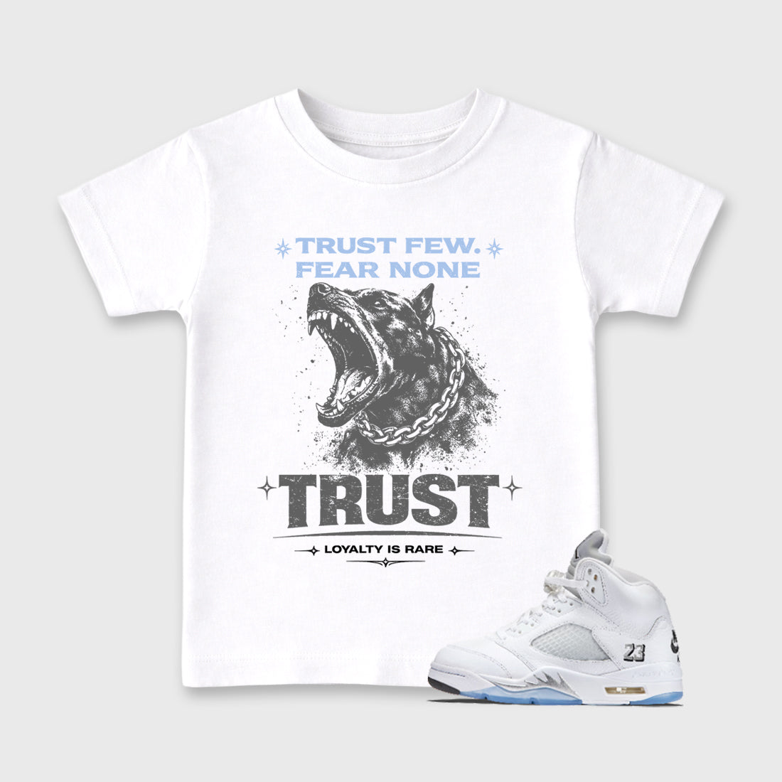 Sneaker match tees – Sneaker Tees To Match Air Jordan 5 White Metallic Shoes – Royalty is Rare Kids T-Shirt White 1