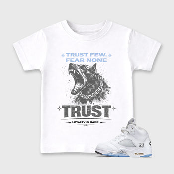 Sneaker match tees – Sneaker Tees To Match Air Jordan 5 White Metallic Shoes – Royalty is Rare Kids T-Shirt White 1