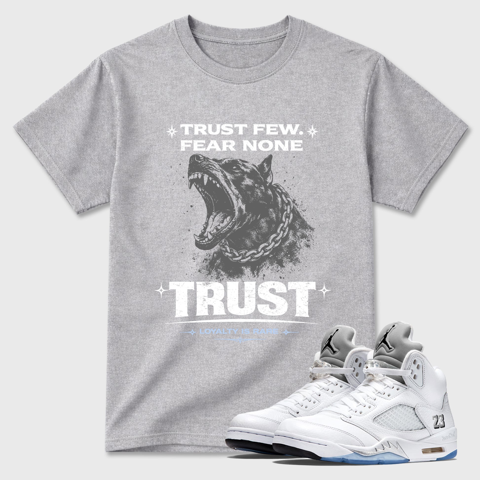 Sneaker match tees – Sneaker Tees To Match Air Jordan 5 White Metallic Shoes – Royalty is Rare Tee Heather Grey 1