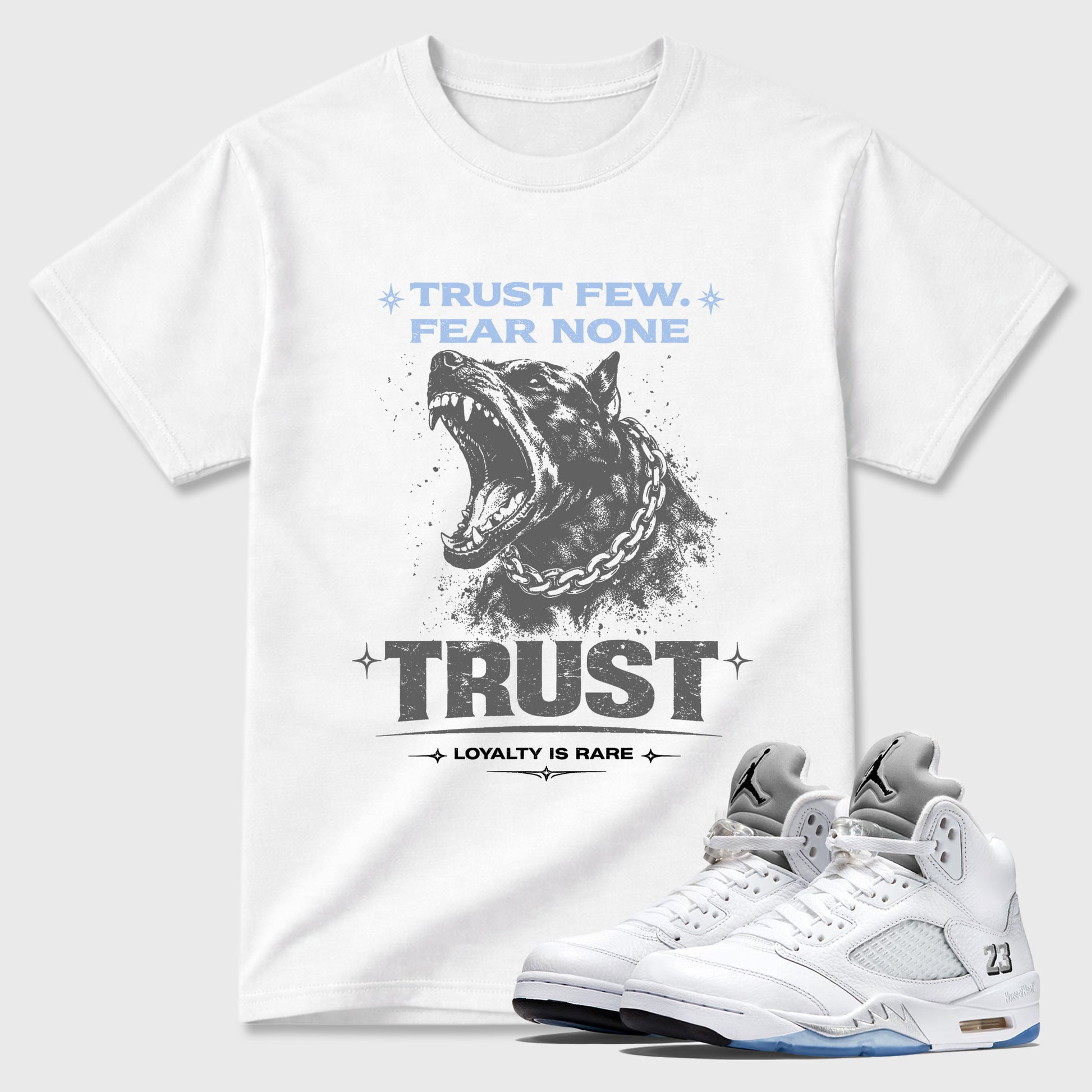Sneaker match tees – Sneaker Tees To Match Air Jordan 5 White Metallic Shoes – Royalty is Rare Tee White 1