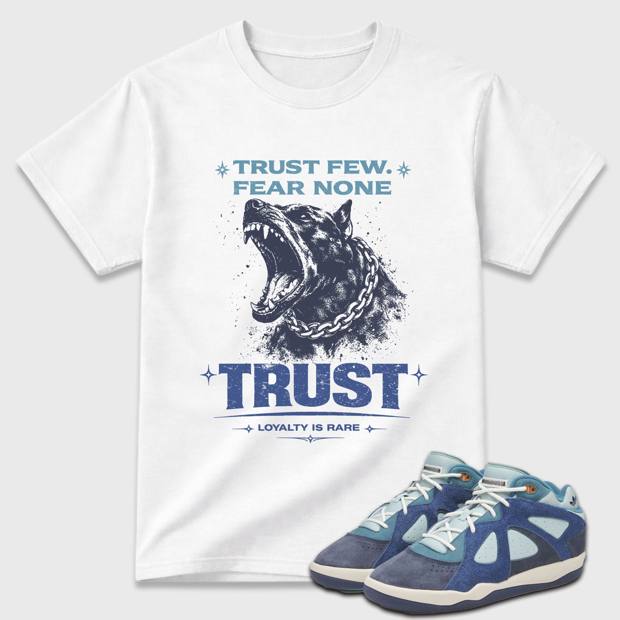 Royalty is Rare Graphic T-Shirt featuring original streetwear artwork designed to match the Badbo 1.0 Night Navy. White 1 Graphic T-Shirt.