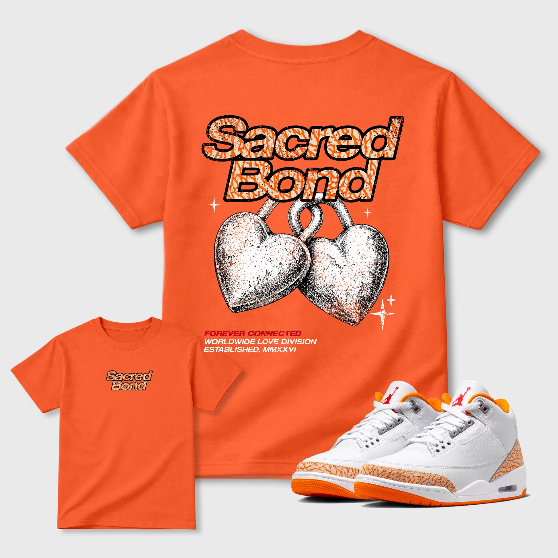 Sacred Bond graphic t-shirt styled to complete your sneaker outfit with the Jordan 3 Women's Orange, shown in Orange.