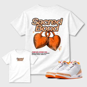 Sacred Bond graphic t-shirt styled to complete your sneaker outfit with the Air Jordan 3 Orange Citrus sneakers, shown in White.