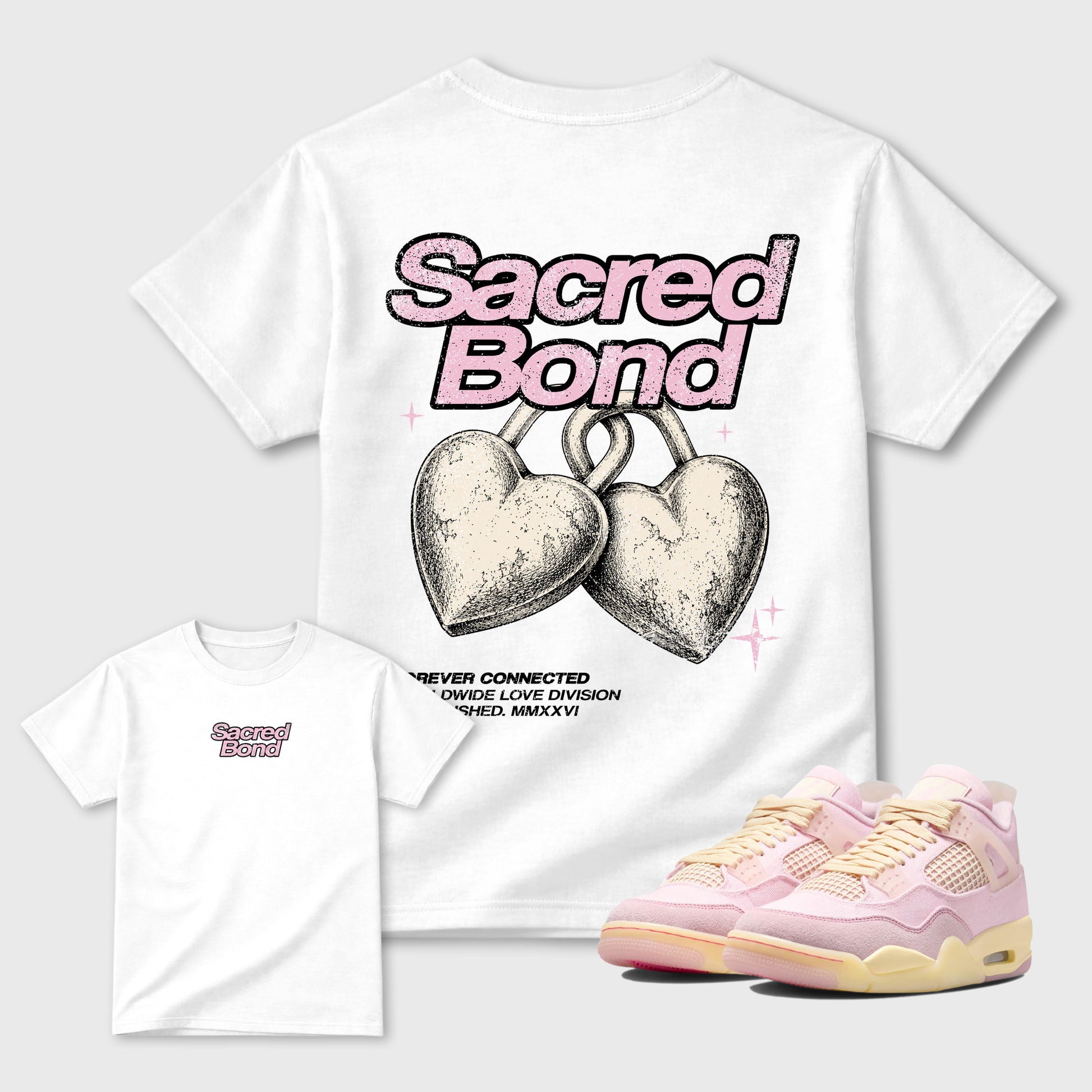 Sacred Bond sneaker match t-shirt styled to complete your sneaker outfitwith the Air Jordan 4 Iced Carmine sneakers, shown in White.