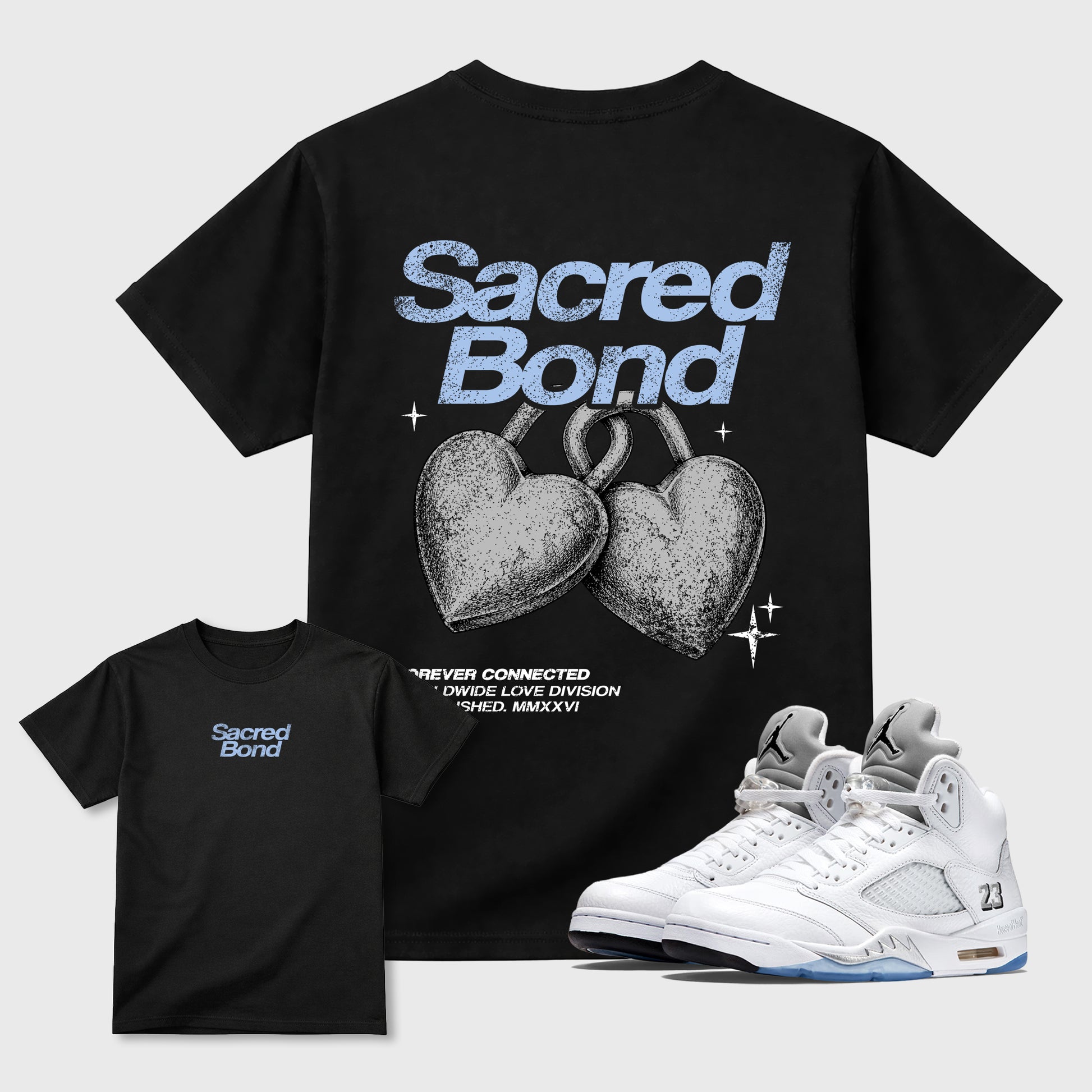 Sacred Bond sneaker match t-shirt styled to complete your sneaker outfitwith the AJ5 White Metallic, shown in Black.
