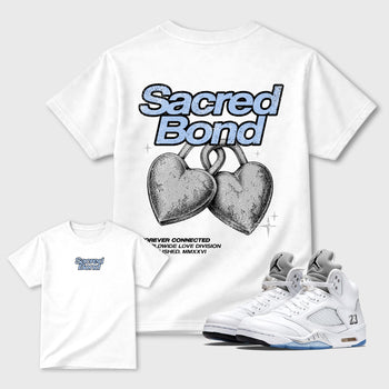 Sacred Bond sneaker match t-shirt styled to complete your sneaker outfitwith the Air Jordan 5 White Metallic sneakers, shown in White.