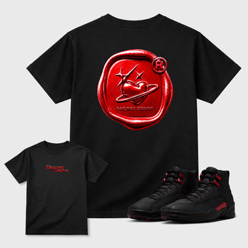Sacred Desire Graphic T-Shirt front and back tee designed for the Air Jordan 12 Bloodline sneakers, featuring coordinated color options for a perfect streetwear match. Black shirt.