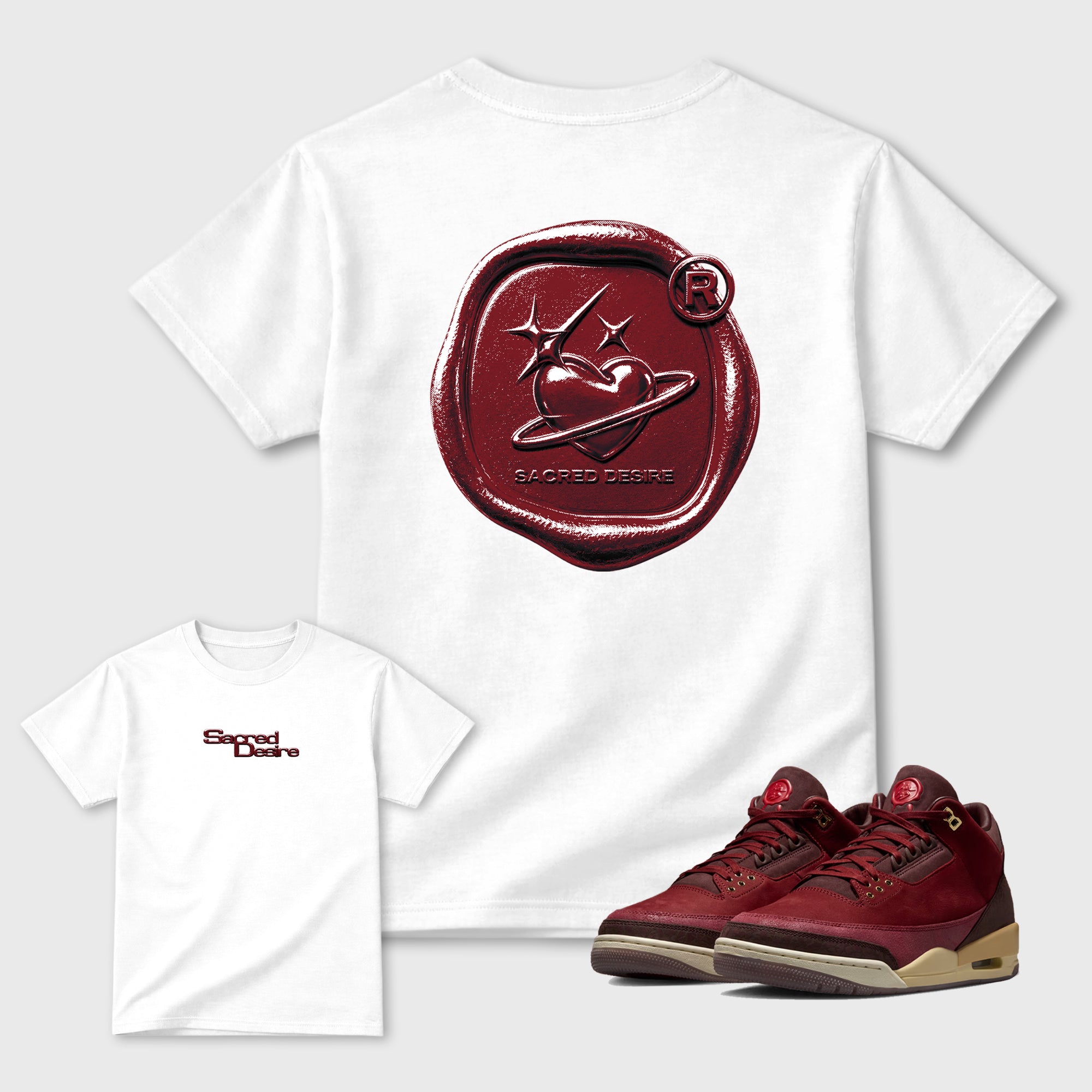 Sacred Desire Graphic T-Shirt front and back tee designed for the Air Jordan 3 Bin 23 sneakers, featuring coordinated color options for a perfect streetwear match. White shirt.