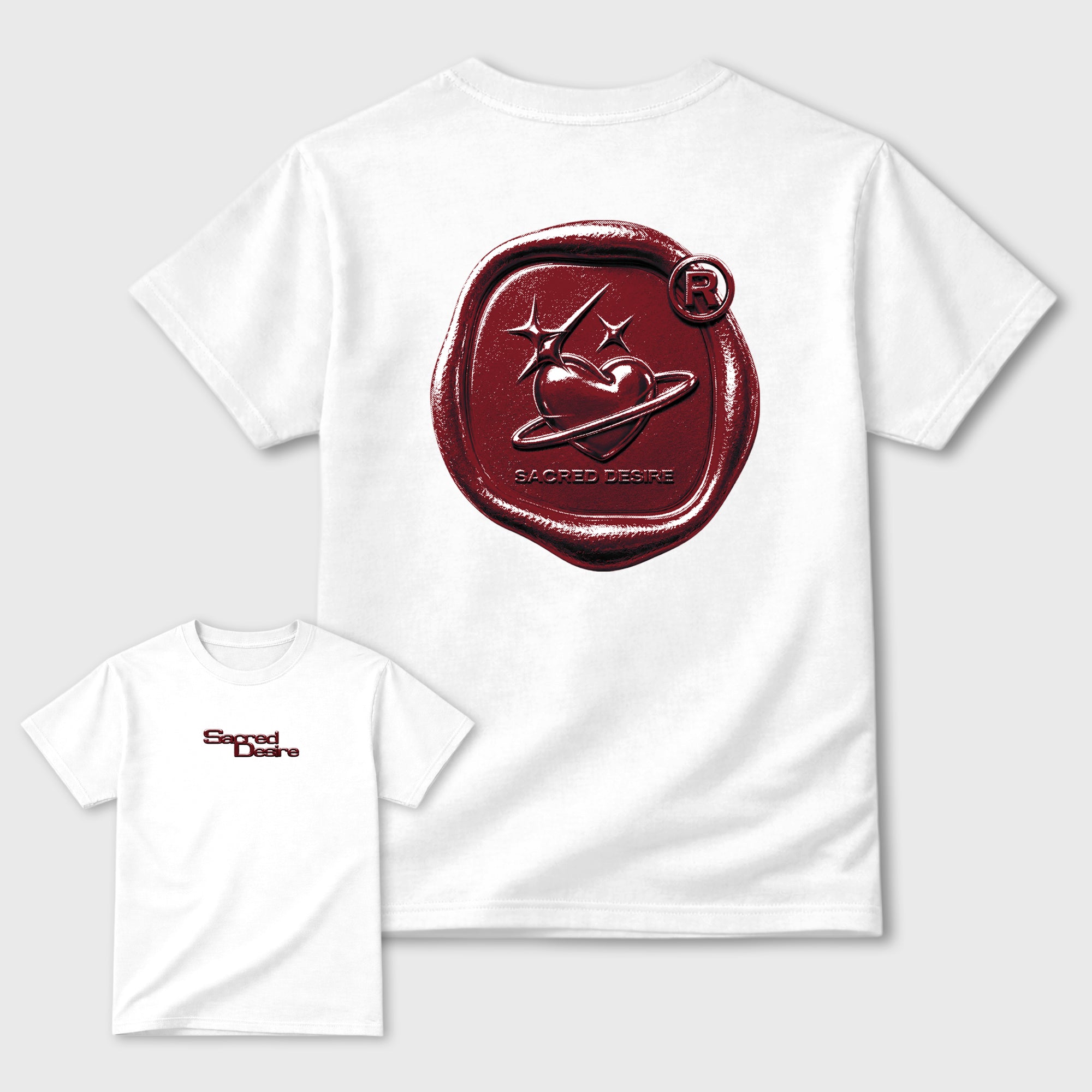 Sacred Desire Graphic T-Shirt front and back tee designed for the 3s Bin 23, featuring coordinated color options for a perfect streetwear match. White shirt.