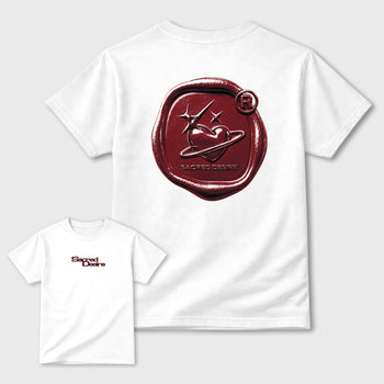 Sacred Desire Graphic T-Shirt front and back tee designed for the 3s Bin 23, featuring coordinated color options for a perfect streetwear match. White shirt.