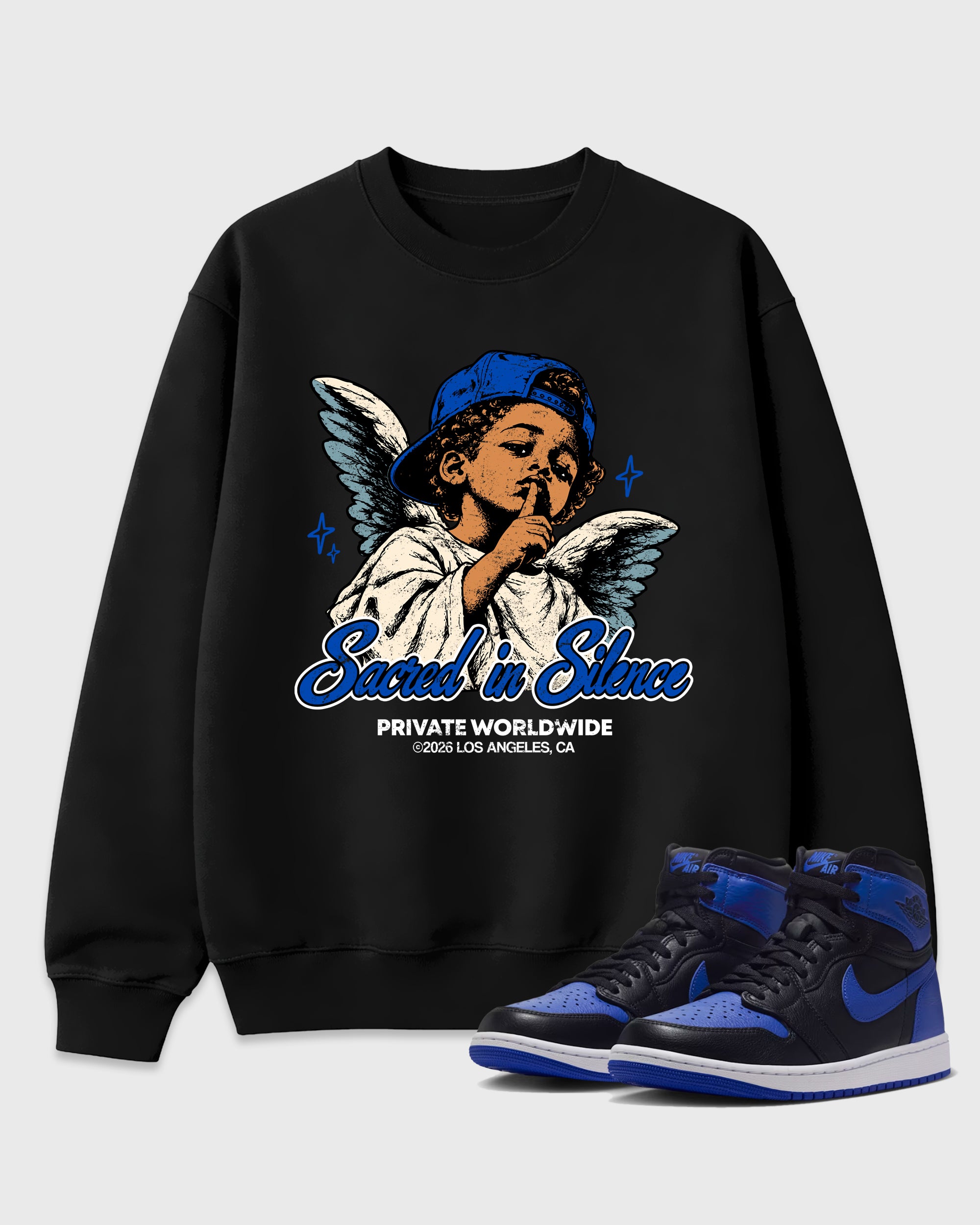 Sacred In Silence Graphic T-Shirt featuring original streetwear artwork designed to match the Air Jordan 1 High OG 'Royal'. Black 1 Graphic Tee.