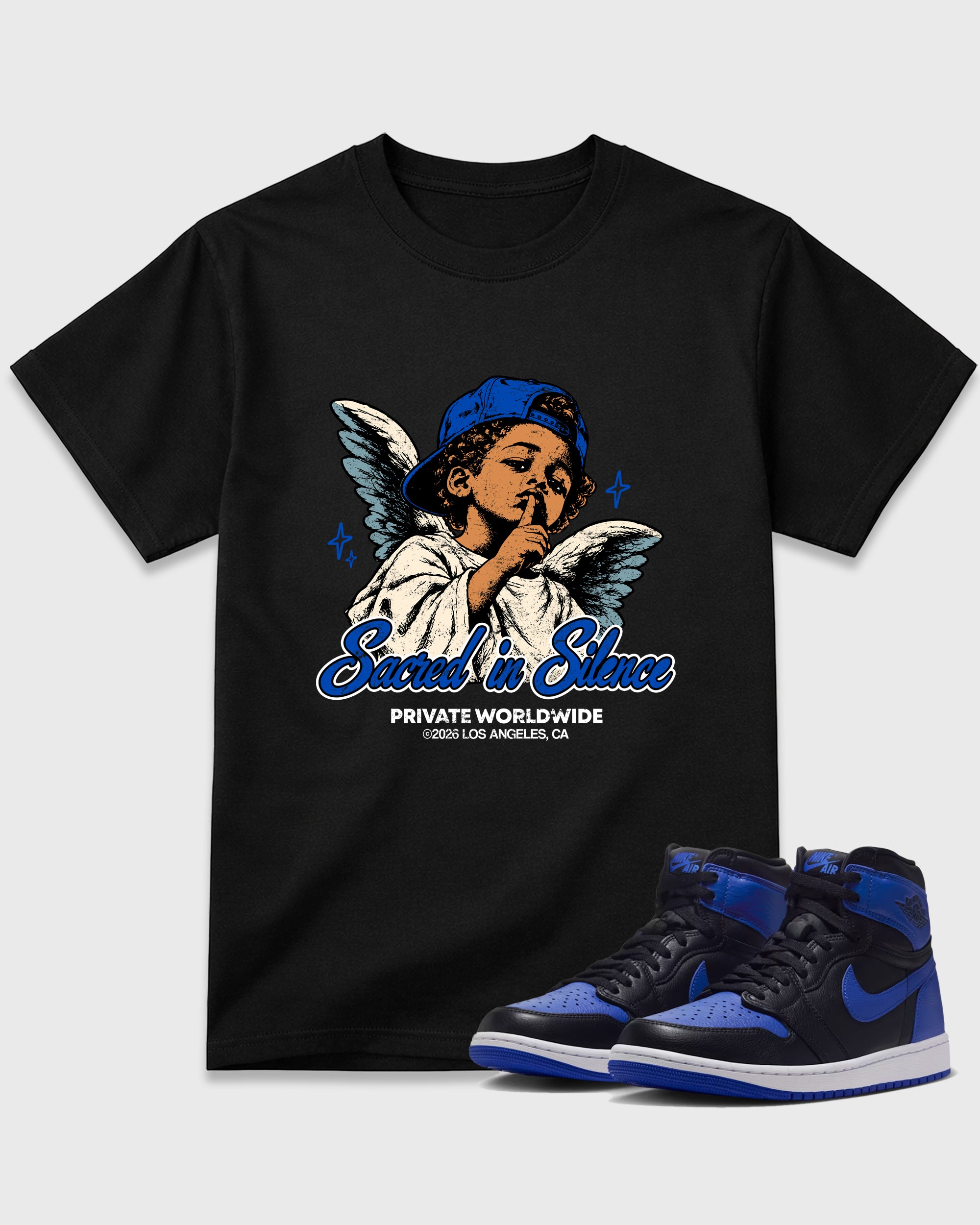 Sacred In Silence Graphic T-Shirt featuring original streetwear artwork designed to match the Air Jordan 1 High OG 'Royal'. Black 1 Graphic T-Shirt.