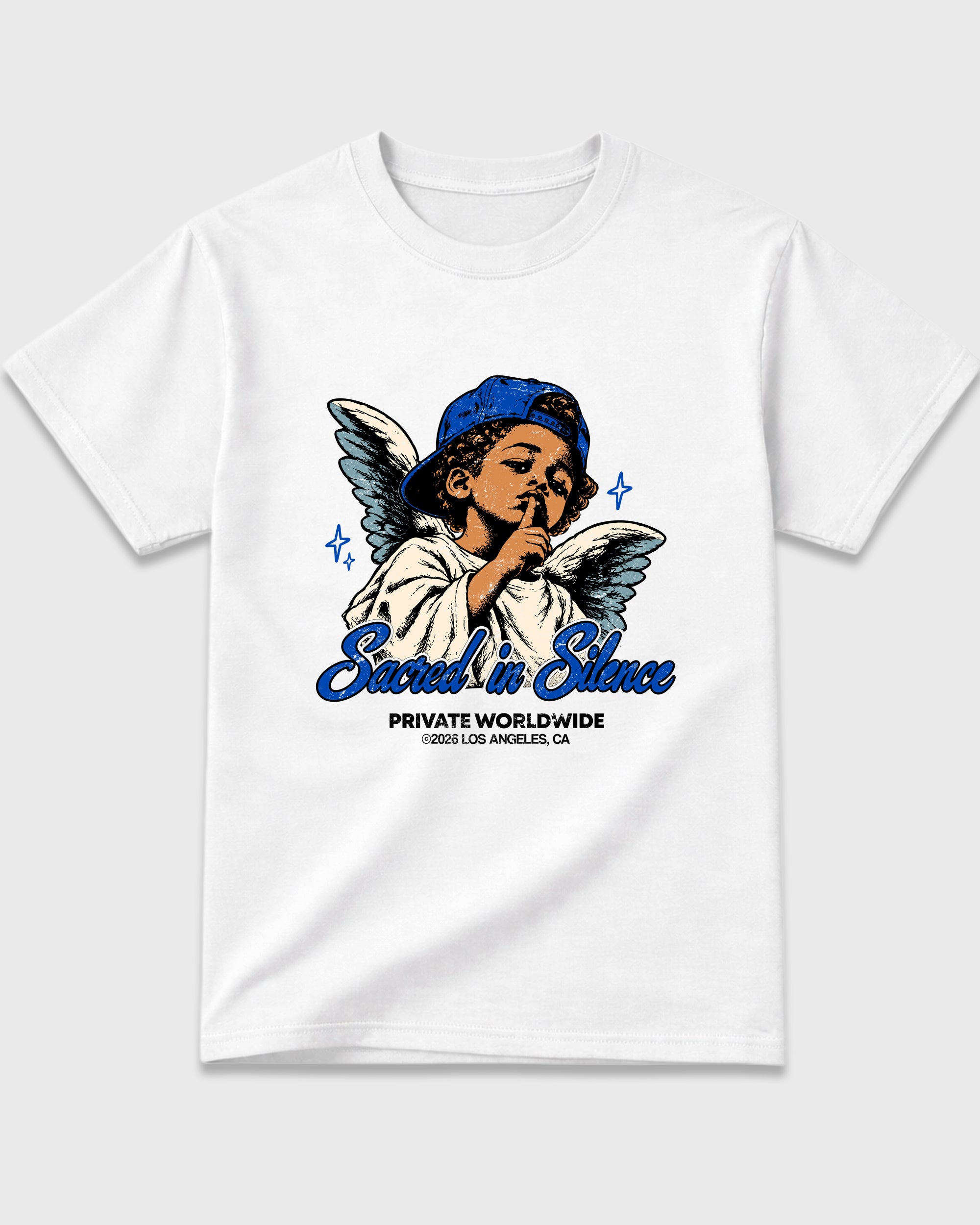 Sacred In Silence Graphic T-Shirt featuring original streetwear artwork designed to match the Air Jordan 1 High OG 'Royal'. White 2 Graphic T-Shirt.