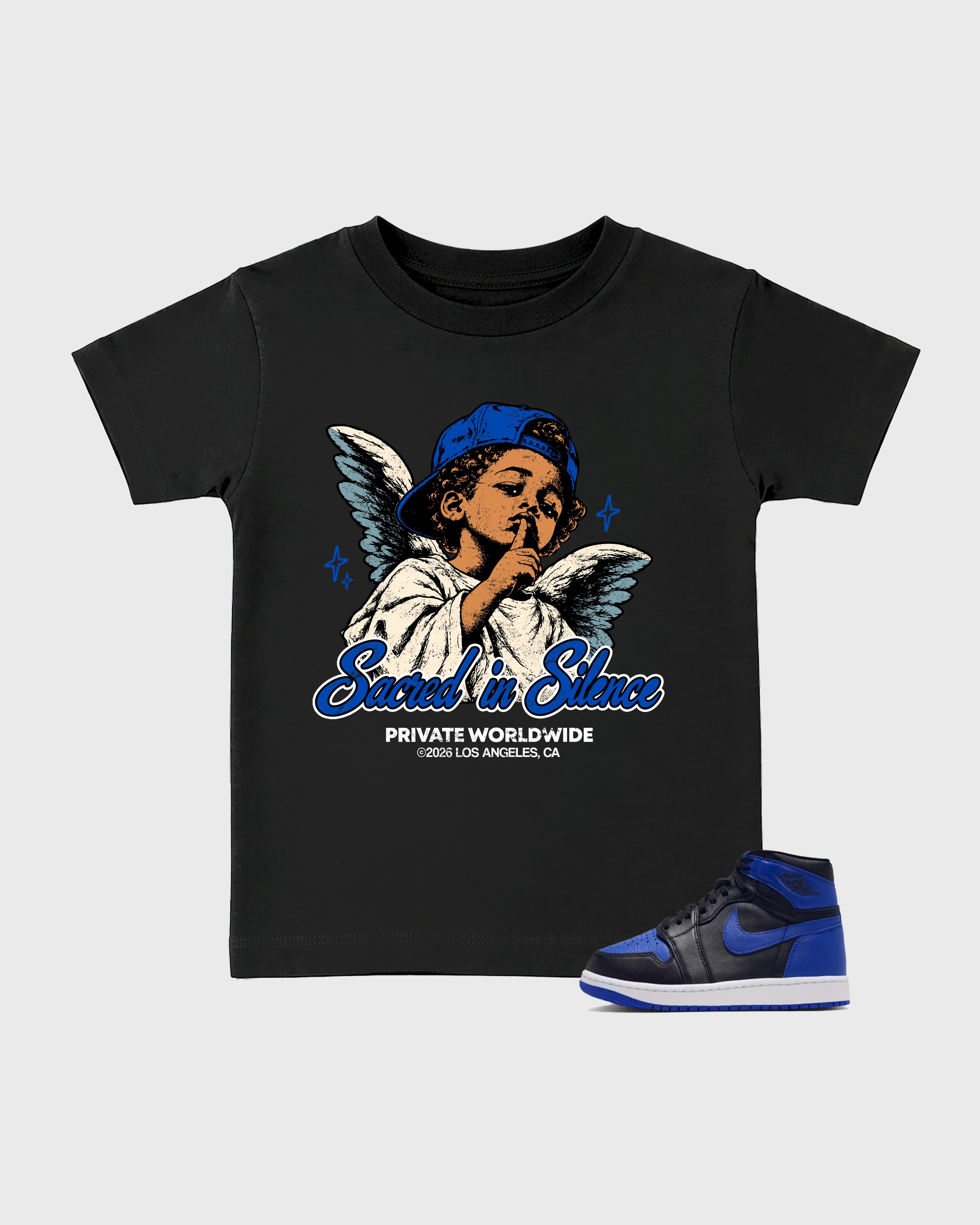 Sacred In Silence Baby & Kids Graphic T-Shirt featuring original artwork designed to match the Air Jordan 1 High OG 'Royal'. Black 1 Kids Graphic Tee.