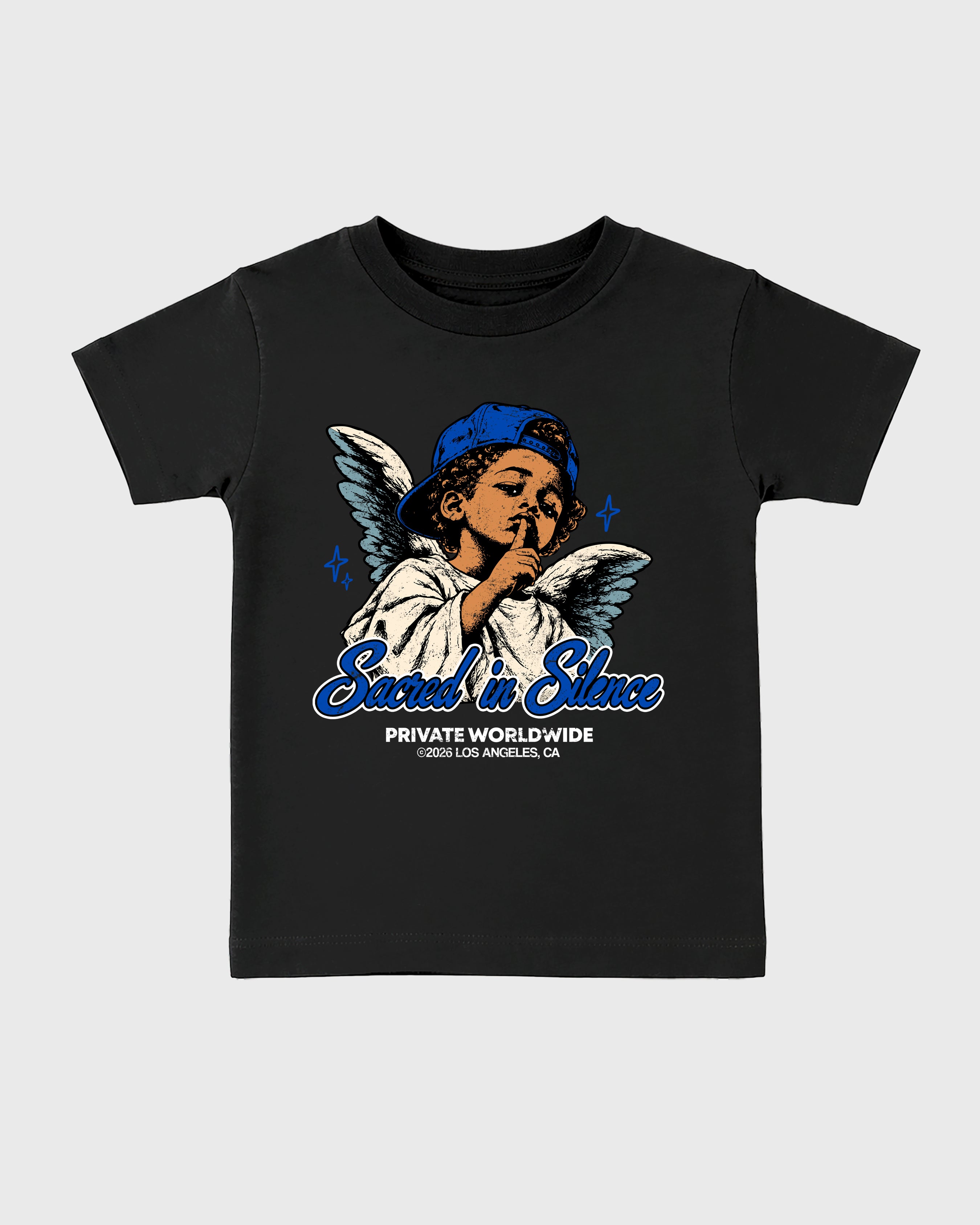 Sacred In Silence Baby & Kids Graphic T-Shirt featuring original artwork designed to match the Air Jordan 1 High OG 'Royal'. Black 2 Kids Graphic Tee.