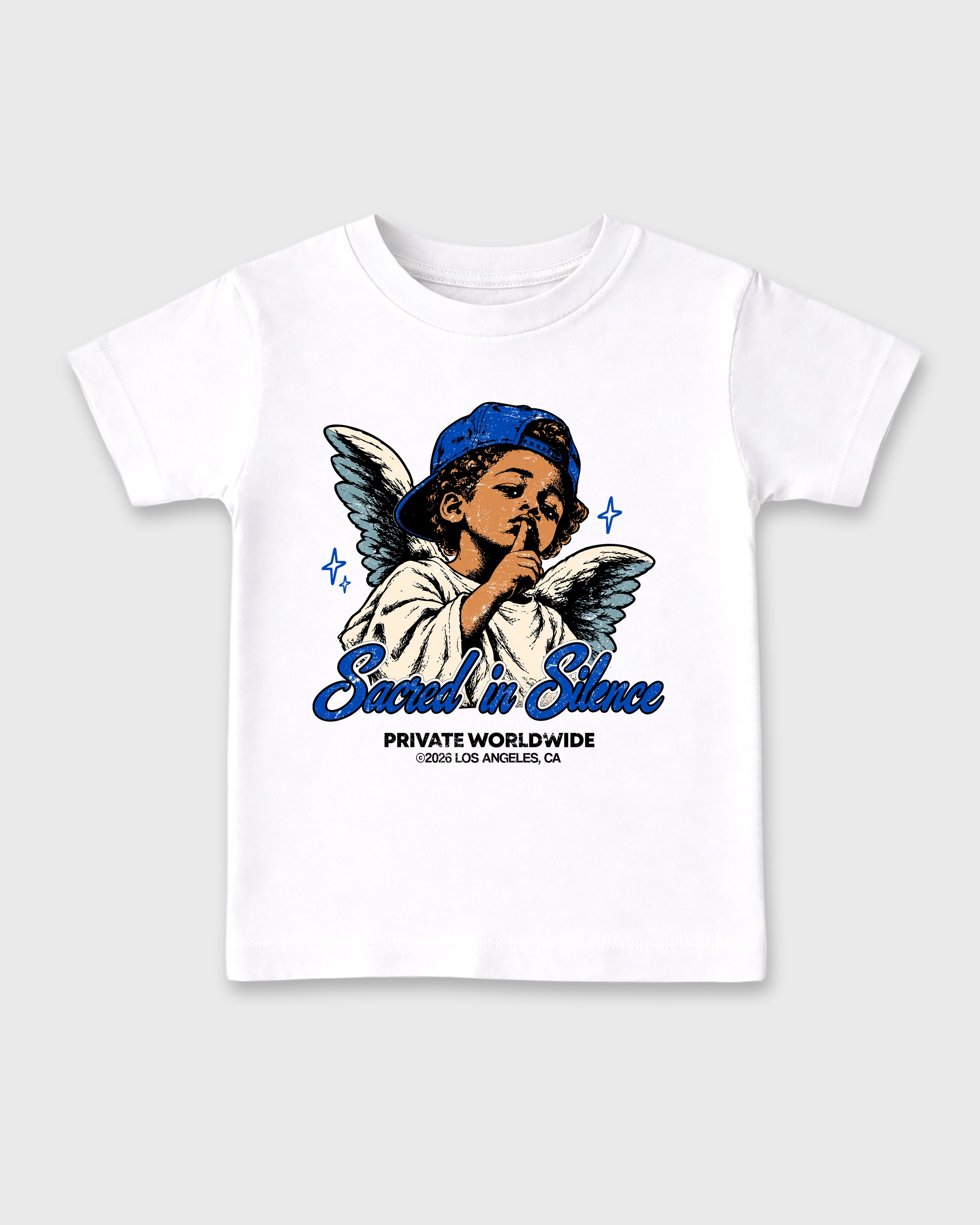 Sacred In Silence Baby & Kids Graphic T-Shirt featuring original artwork designed to match the Air Jordan 1 High OG 'Royal'. White 2 Kids Graphic Tee.
