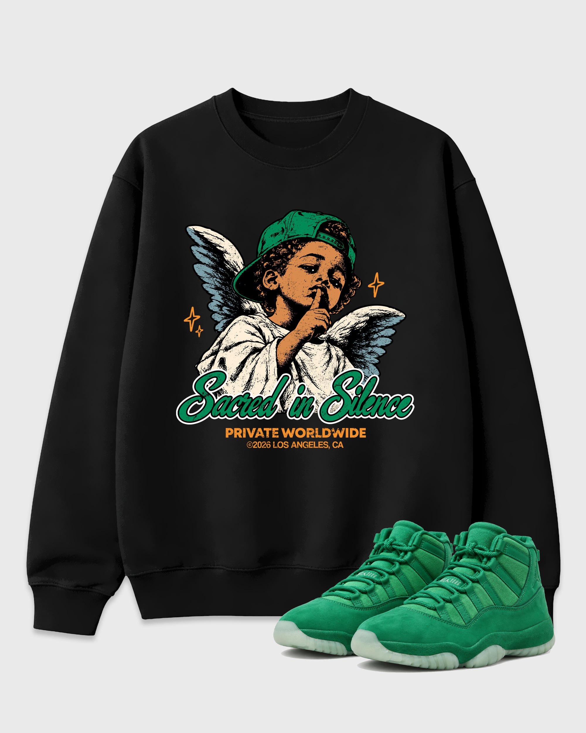Sacred In Silence Graphic T-Shirt featuring original streetwear artwork designed to match the Air Jordan 11 Green Screen. Black 1 Graphic Tee.