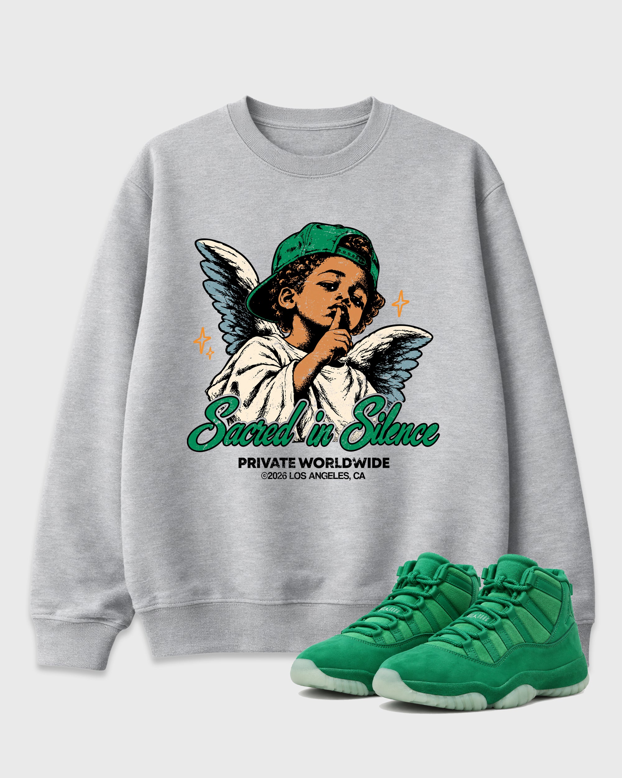 Sacred In Silence Graphic T-Shirt featuring original streetwear artwork designed to match the Air Jordan 11 Green Screen. Heather Grey 1 Graphic Tee.