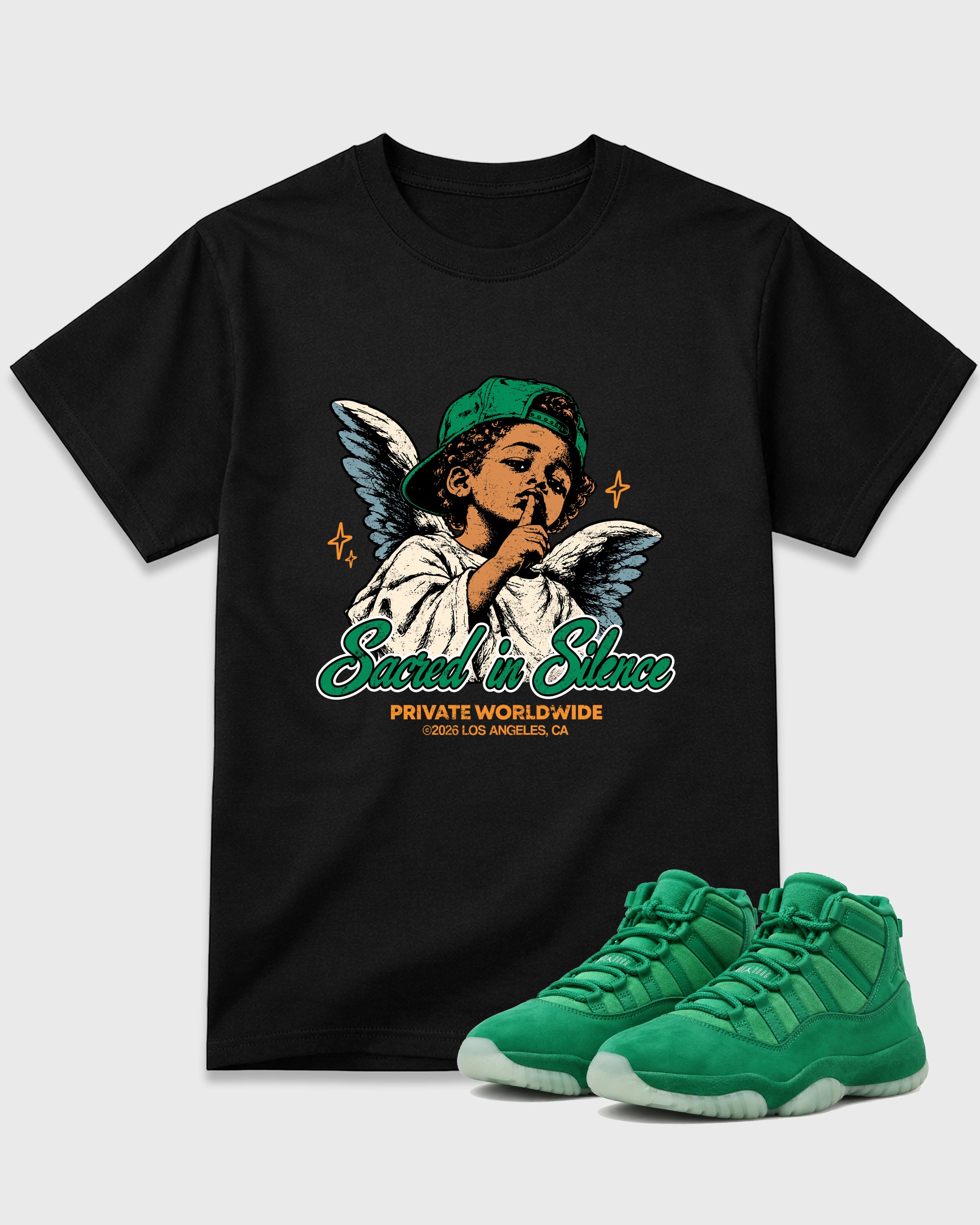 Sacred In Silence Graphic T-Shirt featuring original streetwear artwork designed to match the Air Jordan 11 Green Screen. Black 1 Graphic T-Shirt.