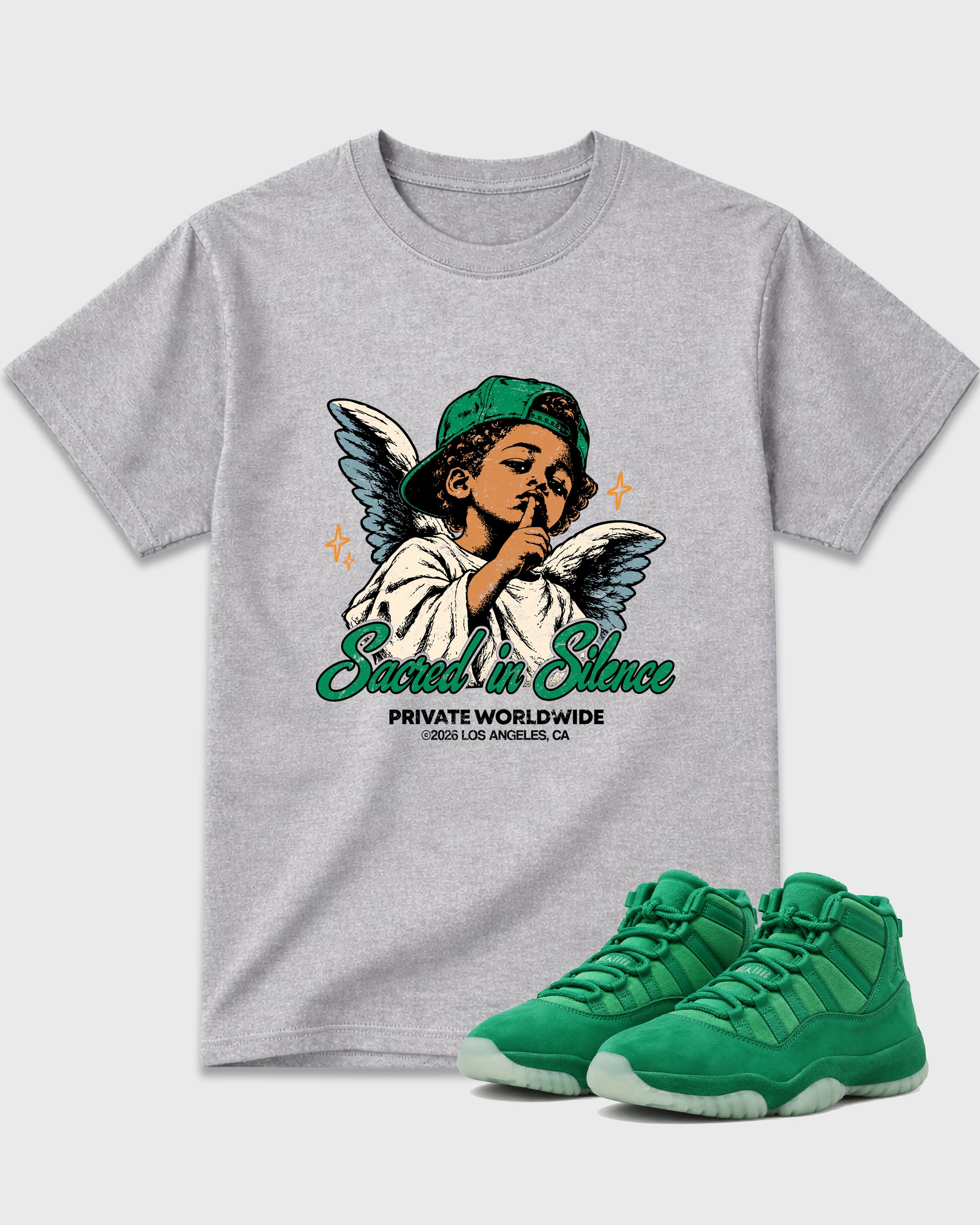 Sacred In Silence Graphic T-Shirt featuring original streetwear artwork designed to match the Air Jordan 11 Green Screen. Heather Grey 1 Graphic T-Shirt.