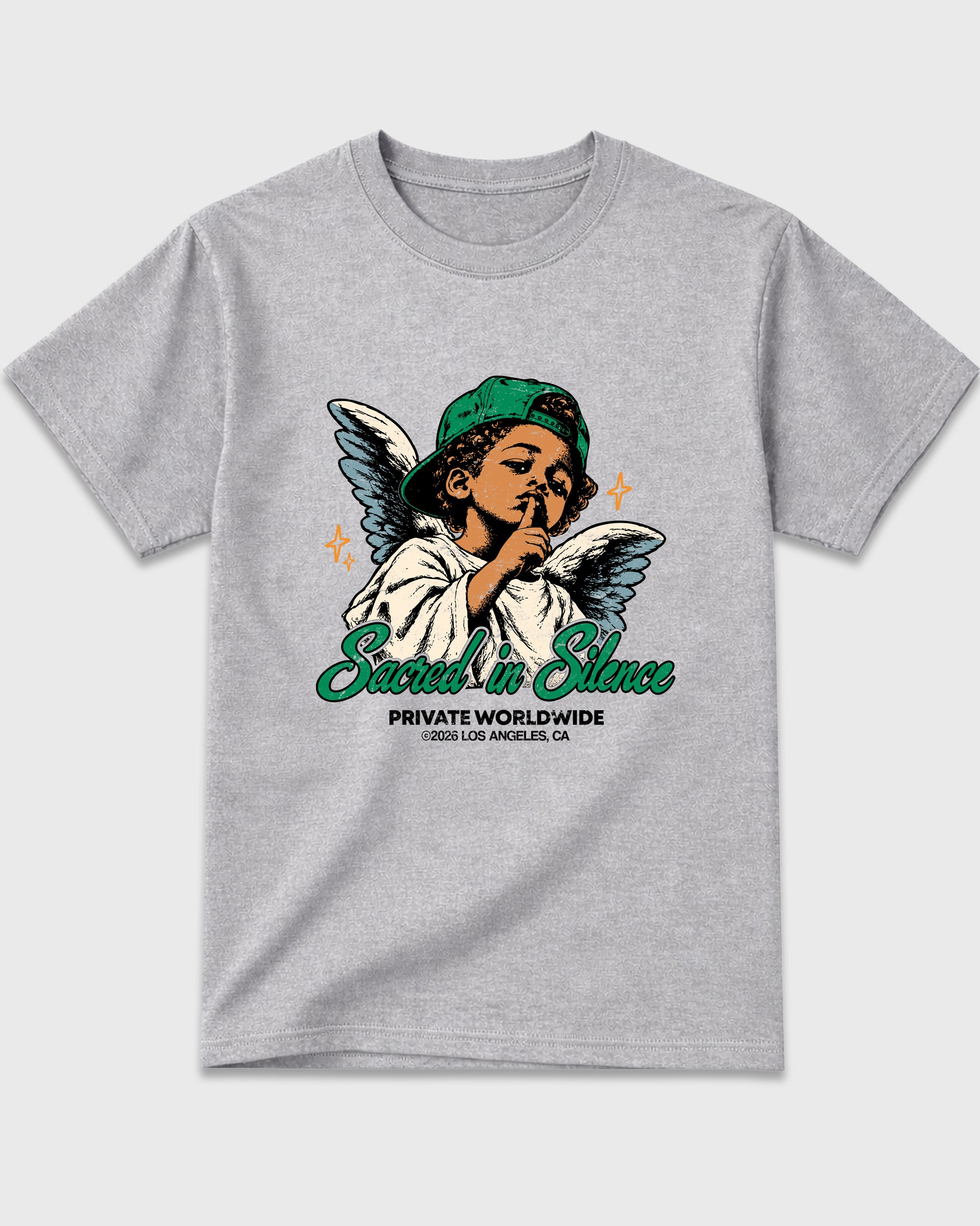 Sacred In Silence Graphic T-Shirt featuring original streetwear artwork designed to match the Air Jordan 11 Green Screen. Heather Grey 2 Graphic T-Shirt.