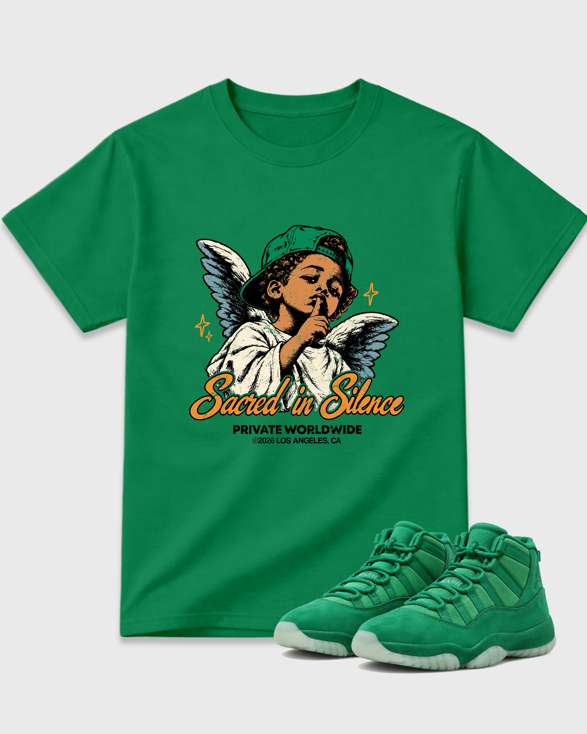 Sacred In Silence Graphic T-Shirt featuring original streetwear artwork designed to match the Air Jordan 11 Green Screen. Kelly Green 1 Graphic T-Shirt.