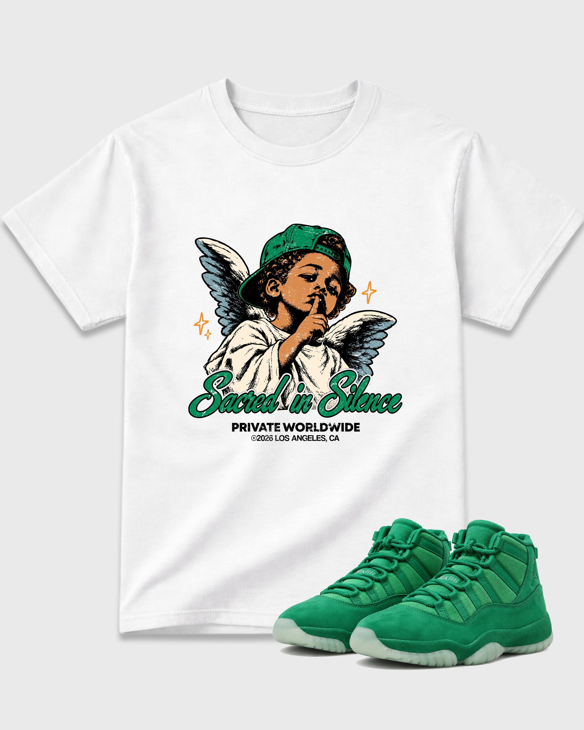 Sacred In Silence Graphic T-Shirt featuring original streetwear artwork designed to match the Air Jordan 11 Green Screen. White 1 Graphic T-Shirt.