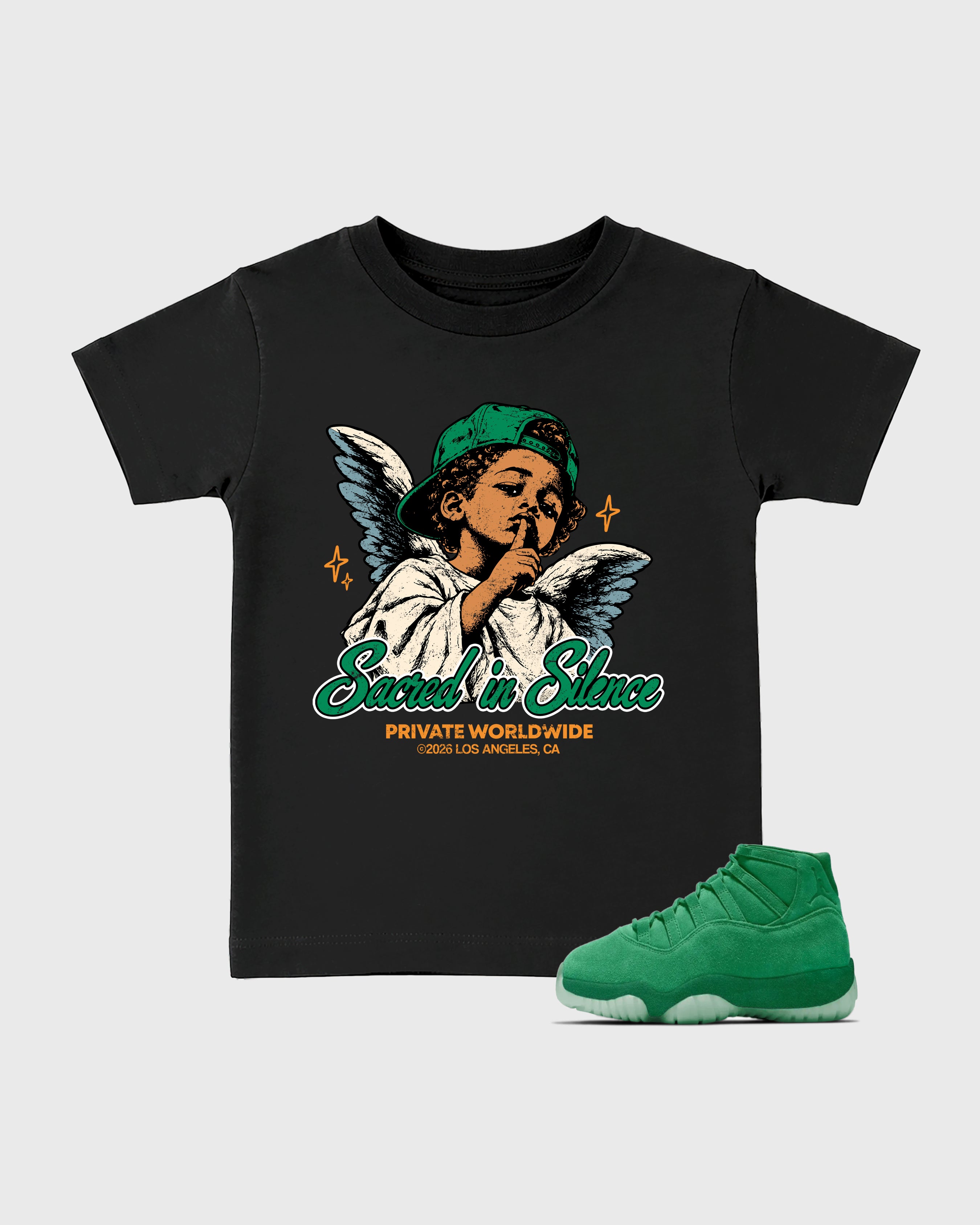 Sacred In Silence Baby & Kids Graphic T-Shirt featuring original artwork designed to match the Air Jordan 11 Green Screen. Black 1 Kids Graphic Tee.