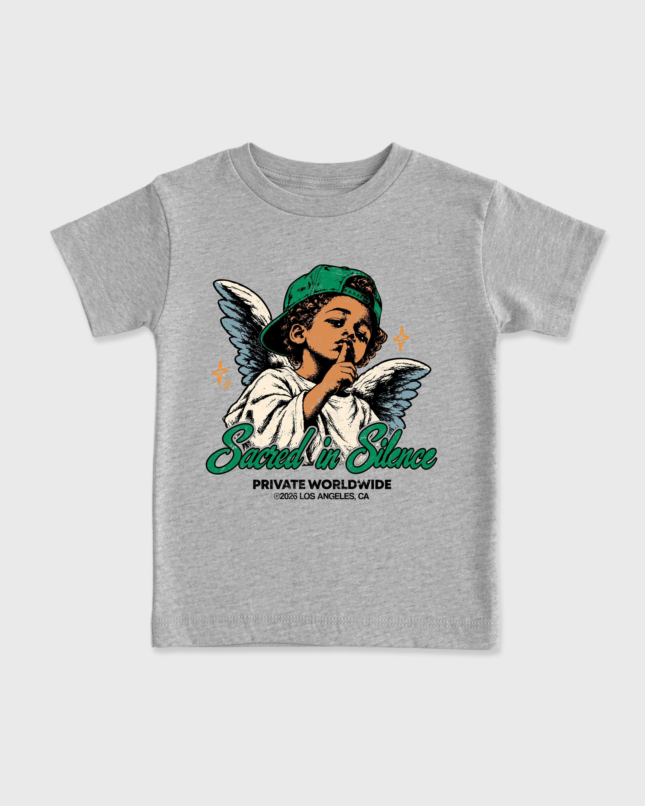 Sacred In Silence Baby & Kids Graphic T-Shirt featuring original artwork designed to match the Air Jordan 11 Green Screen. Heather Grey 2 Kids Graphic Tee.