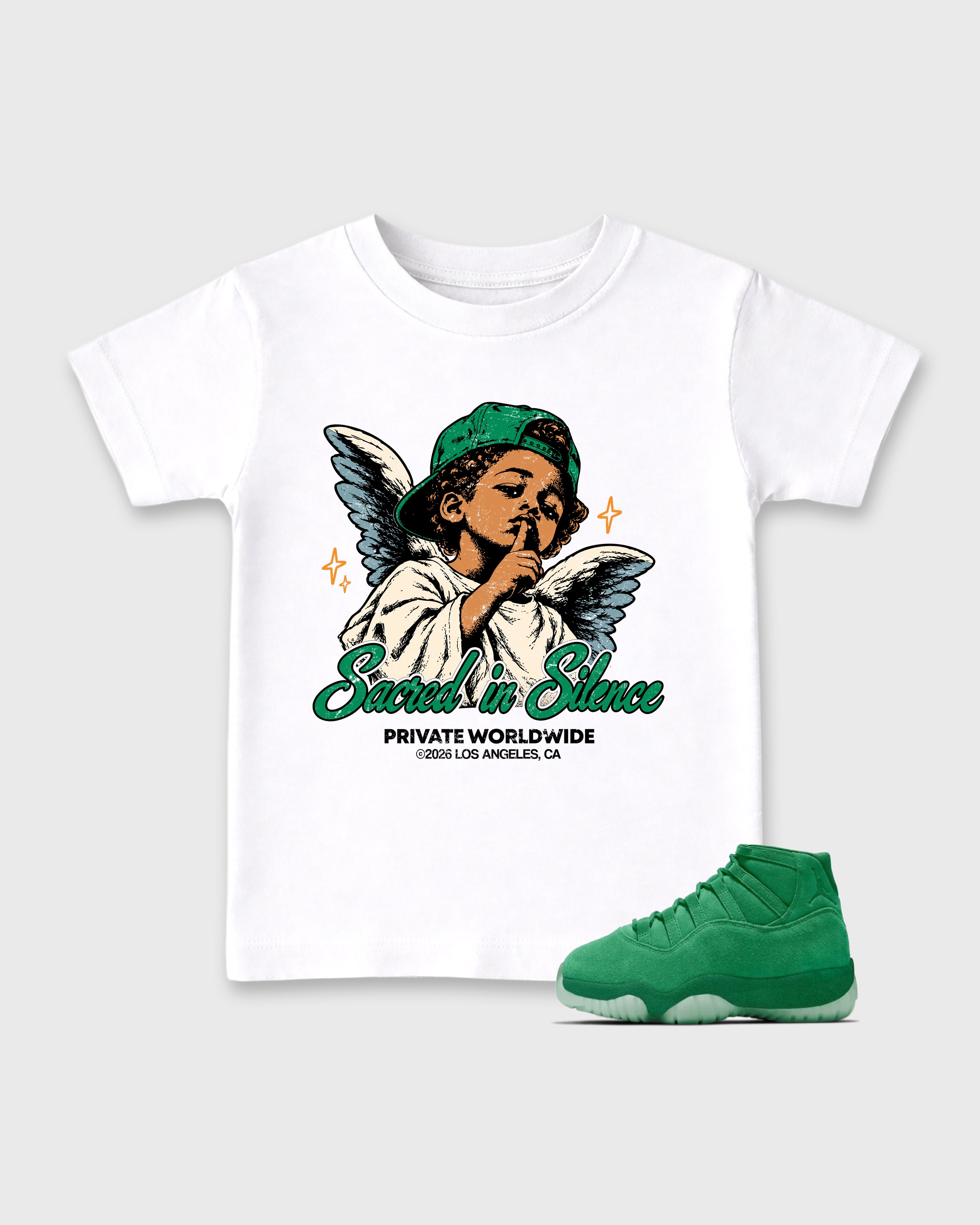 Sacred In Silence Baby & Kids Graphic T-Shirt featuring original artwork designed to match the Air Jordan 11 Green Screen. White 1 Kids Graphic Tee.