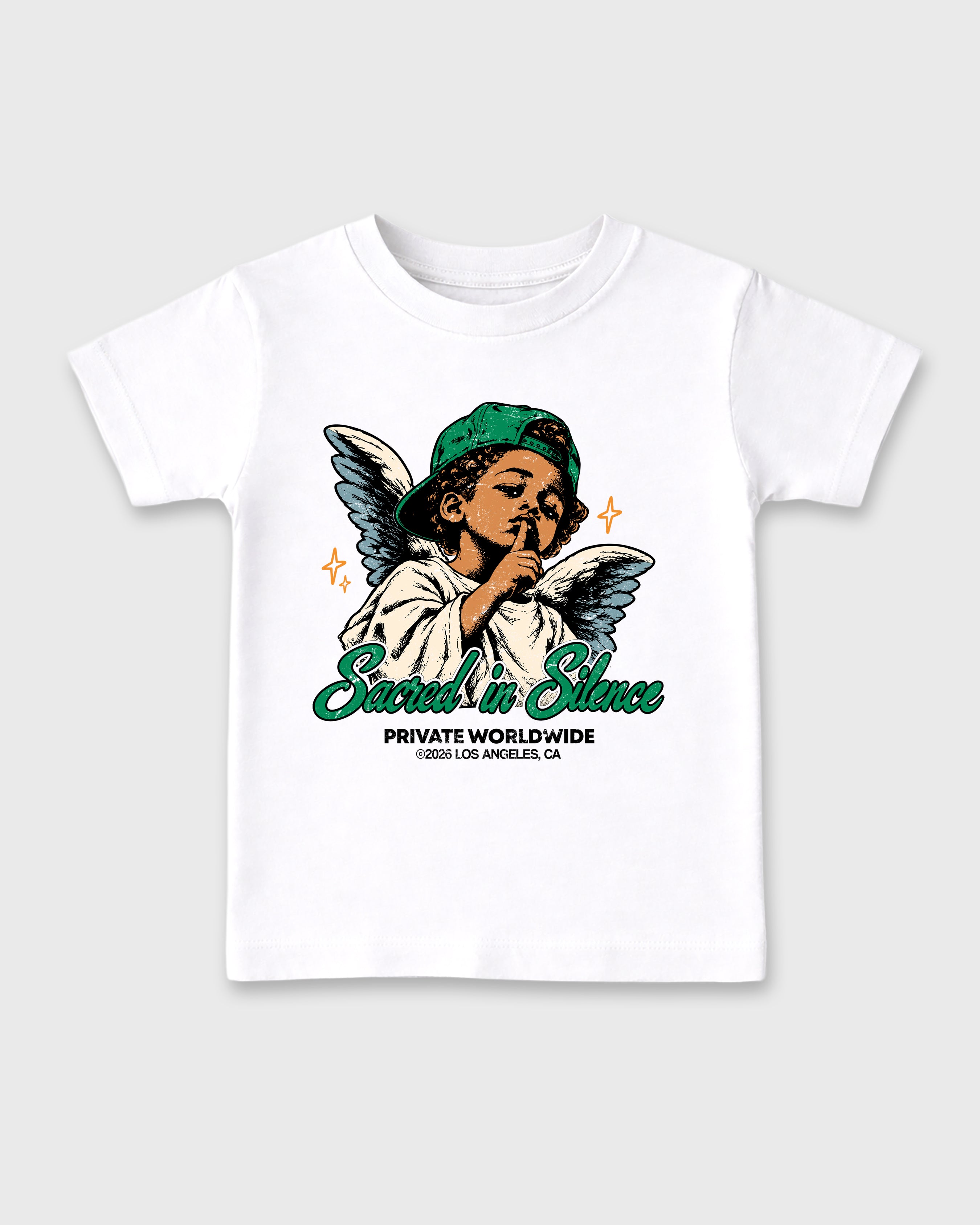 Sacred In Silence Baby & Kids Graphic T-Shirt featuring original artwork designed to match the Air Jordan 11 Green Screen. White 2 Kids Graphic Tee.