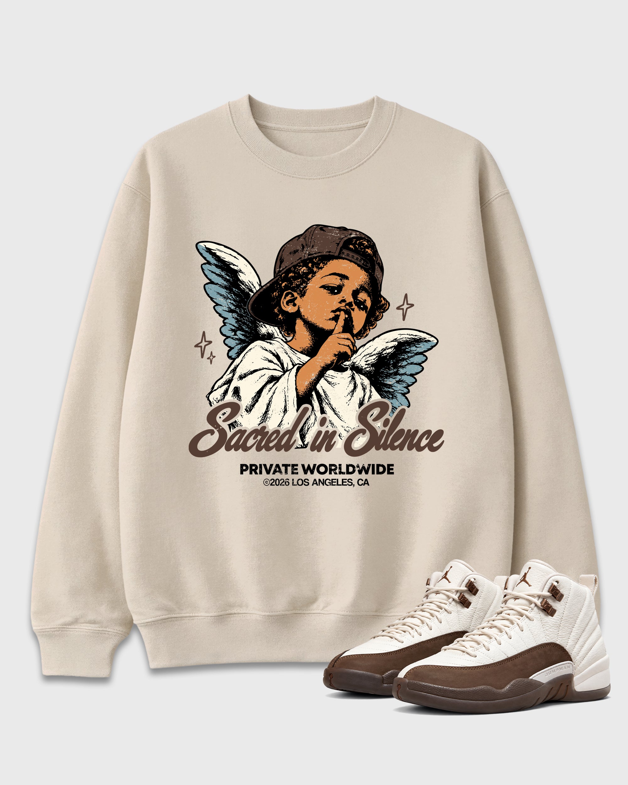 Sacred In Silence Graphic T-Shirt featuring original streetwear artwork designed to match the Air Jordan 12 Fireside. Natural 1 Graphic Tee.
