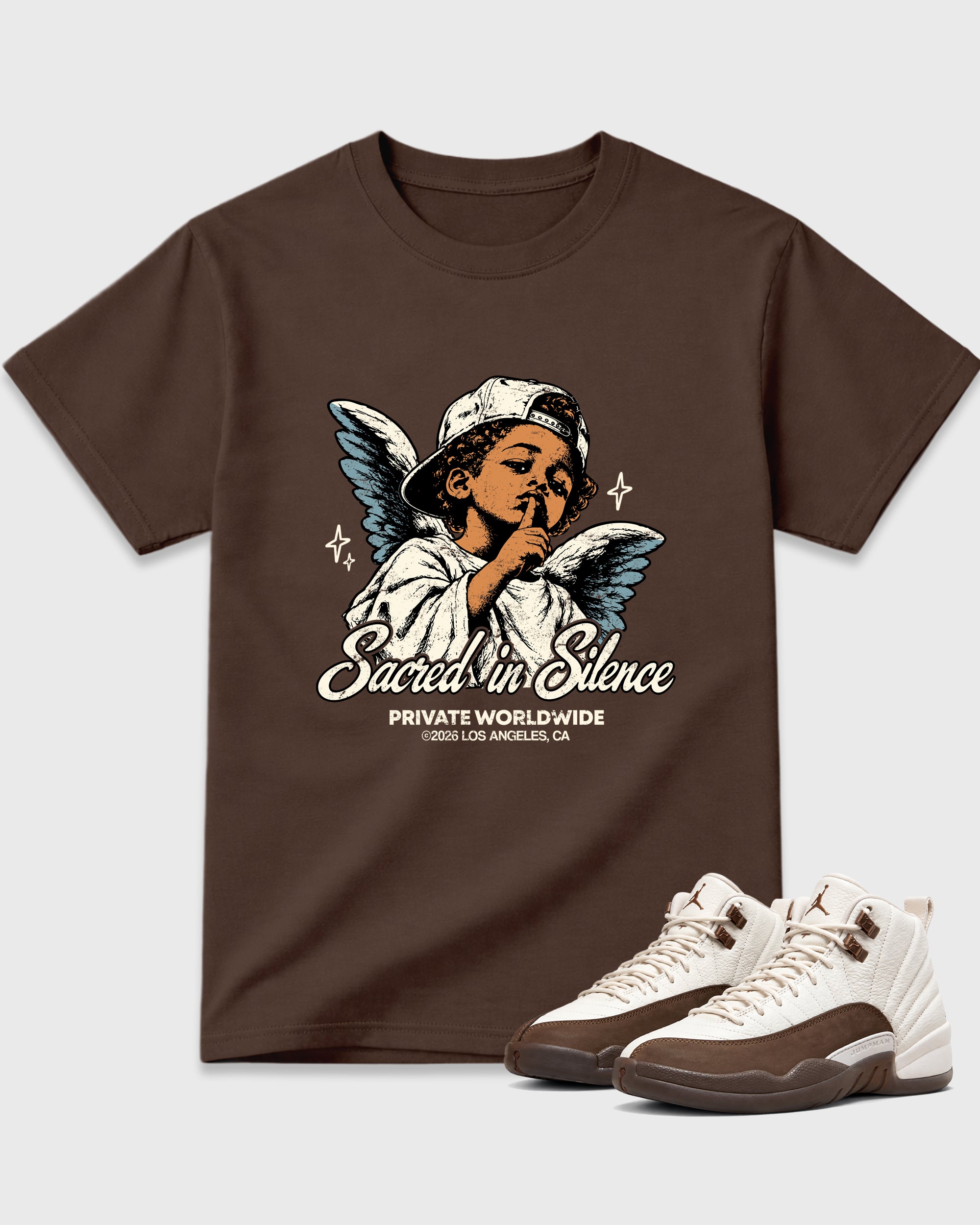 Sacred In Silence Graphic T-Shirt featuring original streetwear artwork designed to match the Air Jordan 12 Fireside. Dark Chocolate 1 Graphic T-Shirt.