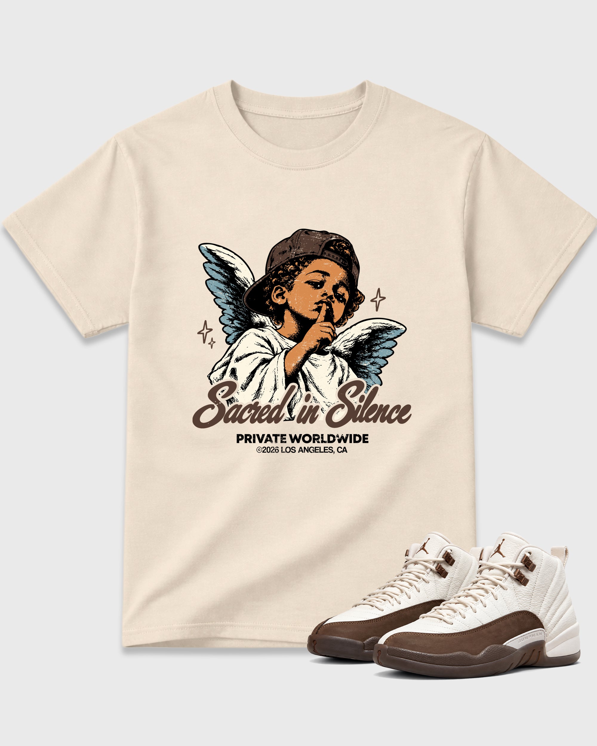 Sacred In Silence Graphic T-Shirt featuring original streetwear artwork designed to match the Air Jordan 12 Fireside. Natural 1 Graphic T-Shirt.