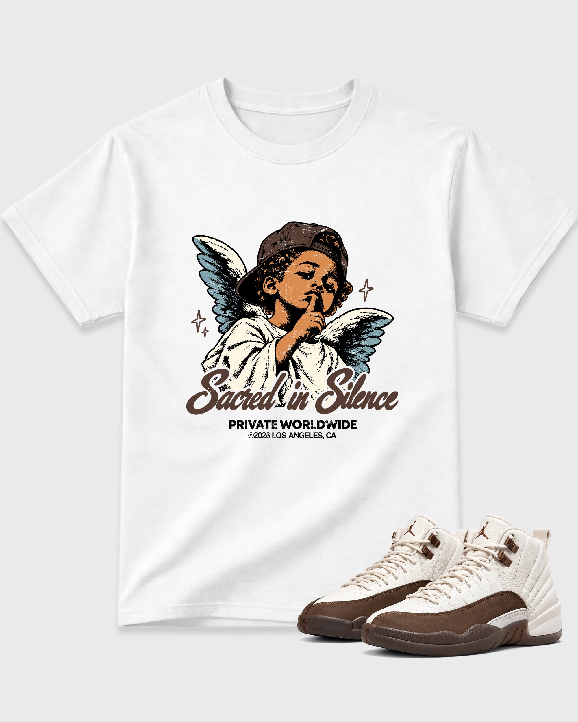Sacred In Silence Graphic T-Shirt featuring original streetwear artwork designed to match the Air Jordan 12 Fireside. White 1 Graphic T-Shirt.