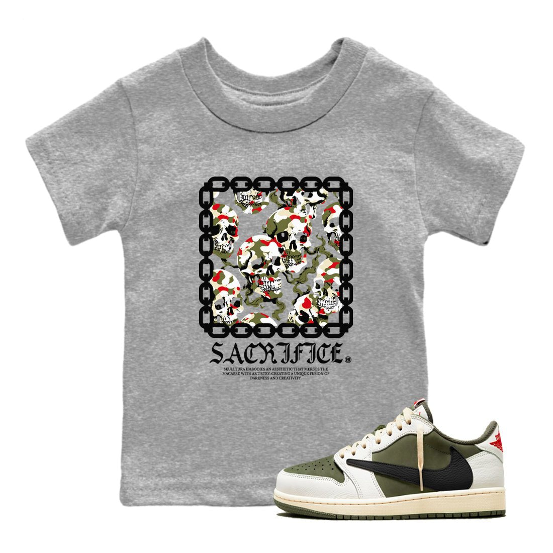 1s Travis Scott Medium Olive shirts to match jordans Sacrifice sneaker match tees Air Jordan 1 Travis Scott Medium Olive SNRT Sneaker Tees streetwear brand Baby and Youth Heather Grey 1 cotton tee