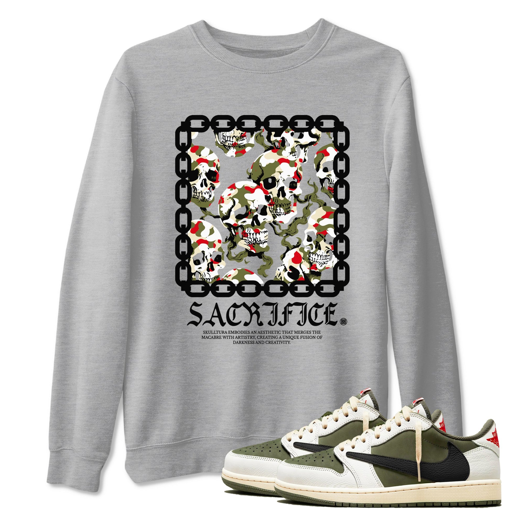 1s Travis Scott Medium Olive shirts to match jordans Sacrifice sneaker match tees Air Jordan 1 Travis Scott Medium Olive SNRT Sneaker Tees streetwear brand Heather Grey 1 unisex cotton tee