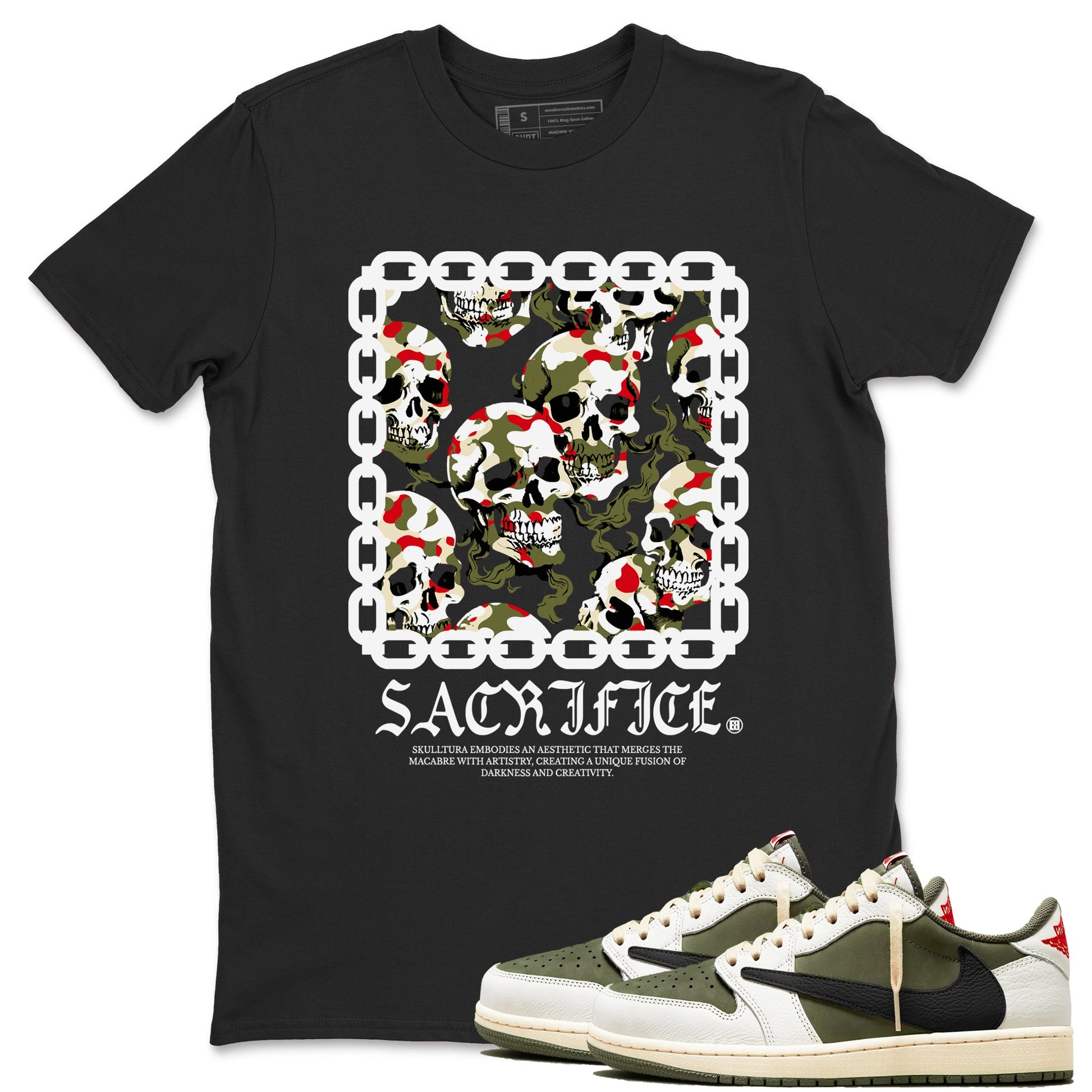 1s Travis Scott Medium Olive shirts to match jordans Sacrifice sneaker match tees Air Jordan 1 Travis Scott Medium Olive SNRT Sneaker Tees streetwear brand Black 1 unisex cotton tee