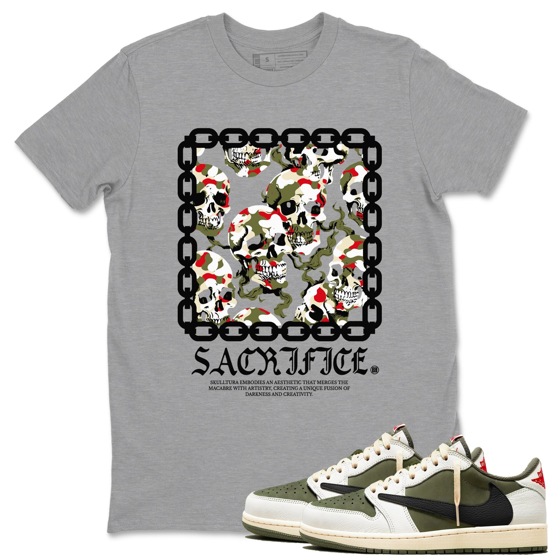 1s Travis Scott Medium Olive shirts to match jordans Sacrifice sneaker match tees Air Jordan 1 Travis Scott Medium Olive SNRT Sneaker Tees streetwear brand Heather Grey 1 unisex cotton tee