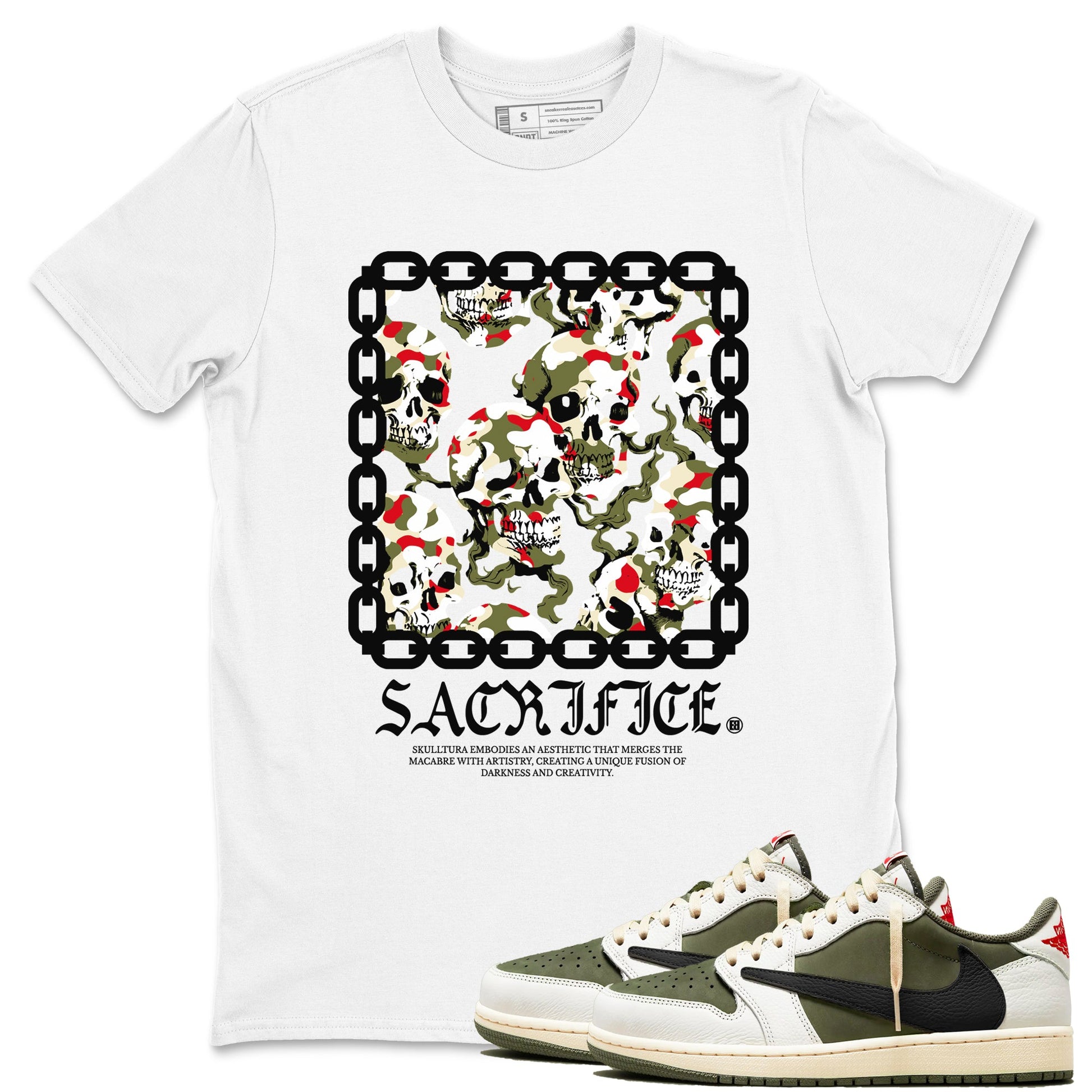 1s Travis Scott Medium Olive shirts to match jordans Sacrifice sneaker match tees Air Jordan 1 Travis Scott Medium Olive SNRT Sneaker Tees streetwear brand White 1 unisex cotton tee
