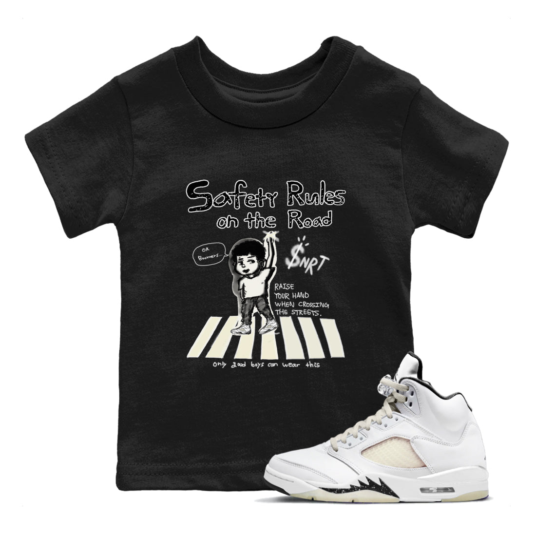 AJ5 Sail shirt to match jordans Safety Rules On The Road sneaker tees Air Jordan 5 Sail SNRT sneaker release tees baby toddler Black 1 cotton Shirt