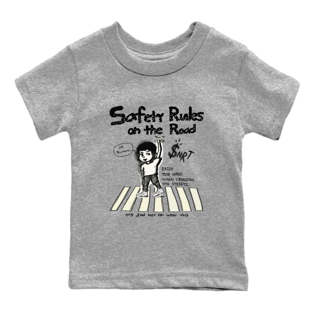 AJ5 Sail shirt to match jordans Safety Rules On The Road sneaker tees Air Jordan 5 Sail SNRT sneaker release tees baby toddler Heather Grey 2 cotton Shirt