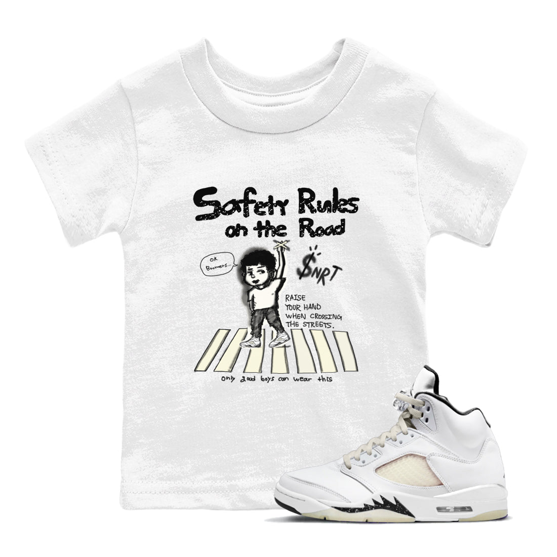 AJ5 Sail shirt to match jordans Safety Rules On The Road sneaker tees Air Jordan 5 Sail SNRT sneaker release tees baby toddler White 1 cotton Shirt