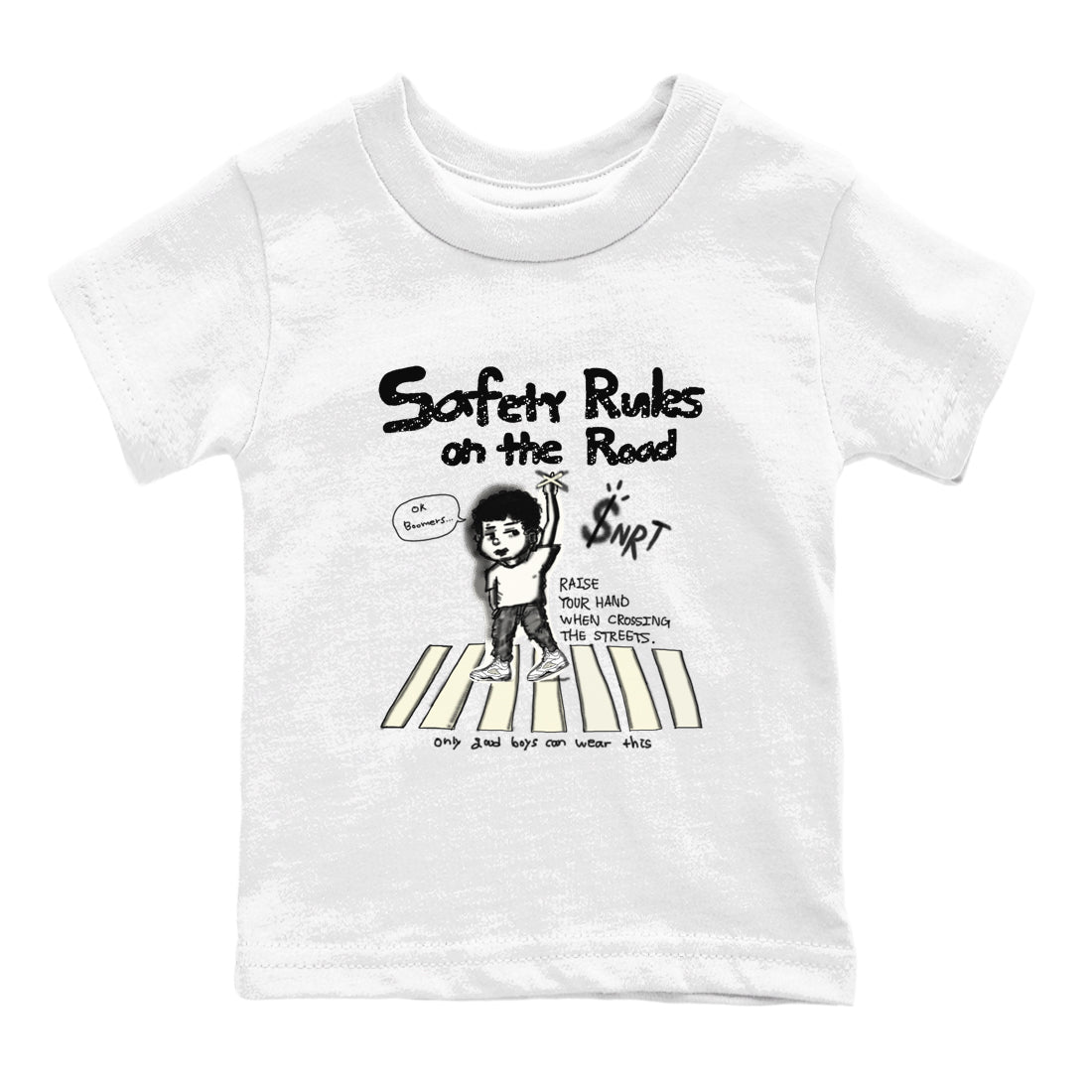 AJ5 Sail shirt to match jordans Safety Rules On The Road sneaker tees Air Jordan 5 Sail SNRT sneaker release tees baby toddler White 2 cotton Shirt