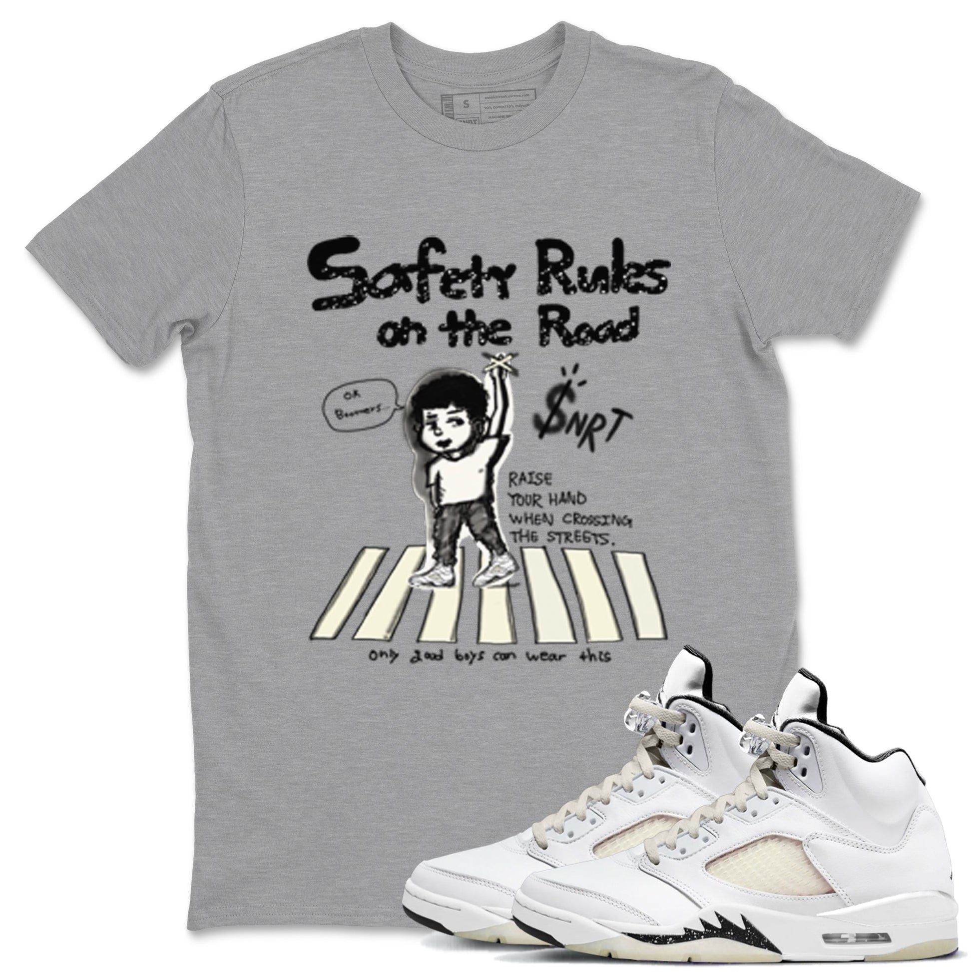 AJ5 Sail shirt to match jordans Safety Rules On The Road sneaker tees Air Jordan 5 Sail SNRT Sneaker Release Tees unisex cotton Heather Grey 1 crew neck shirt