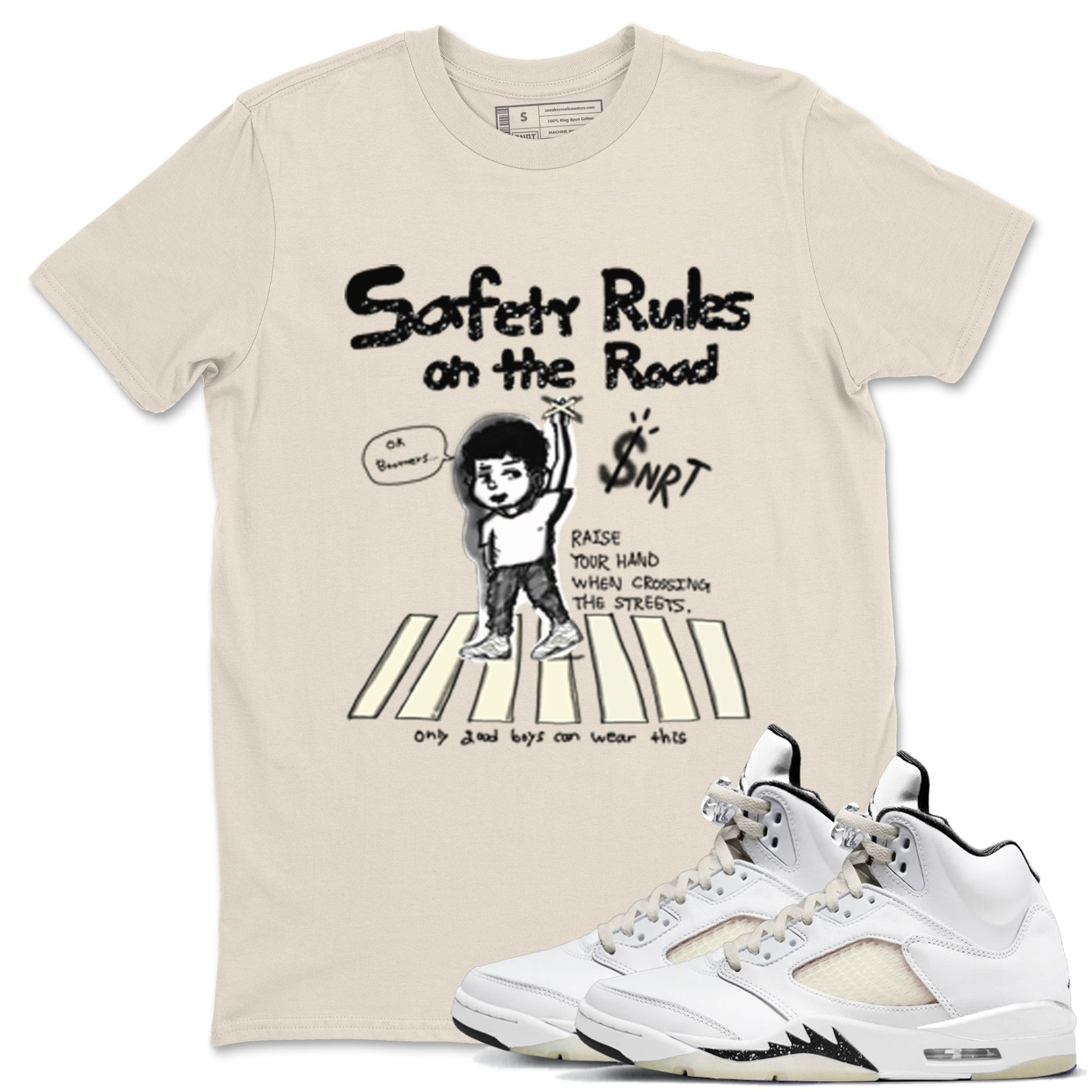 AJ5 Sail shirt to match jordans Safety Rules On The Road sneaker tees Air Jordan 5 Sail SNRT Sneaker Release Tees unisex cotton Natural 1 crew neck shirt