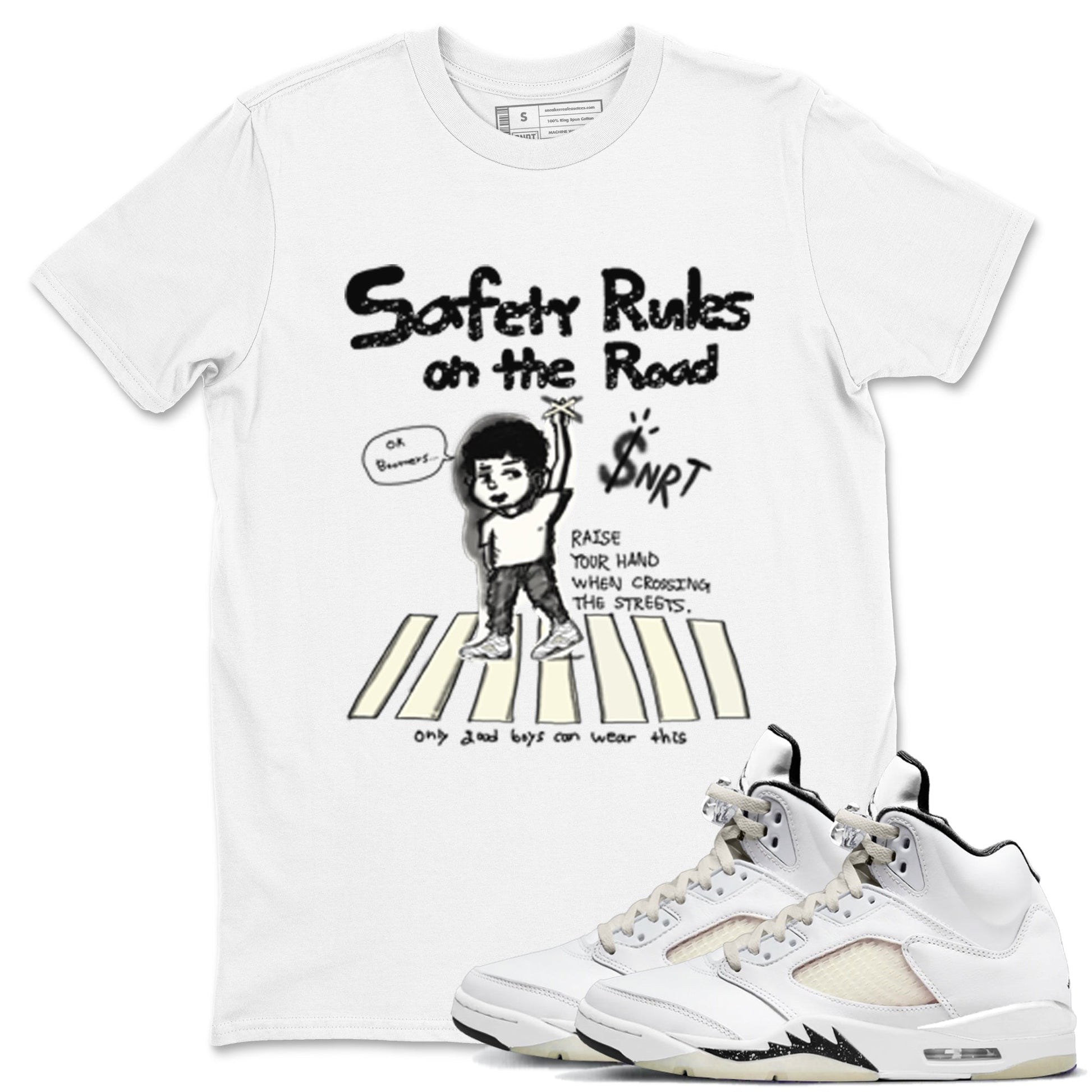 AJ5 Sail shirt to match jordans Safety Rules On The Road sneaker tees Air Jordan 5 Sail SNRT Sneaker Release Tees unisex cotton White 1 crew neck shirt